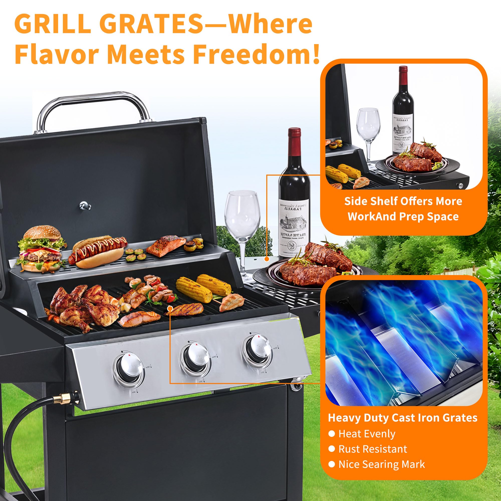 Highsound 3-Burner Propane Gas Grill, 25,650 BTU Stainless Steel BBQ Grill with Side Tables, Outdoor Portable Grill for Backyard & Camping, Black Gas Grills