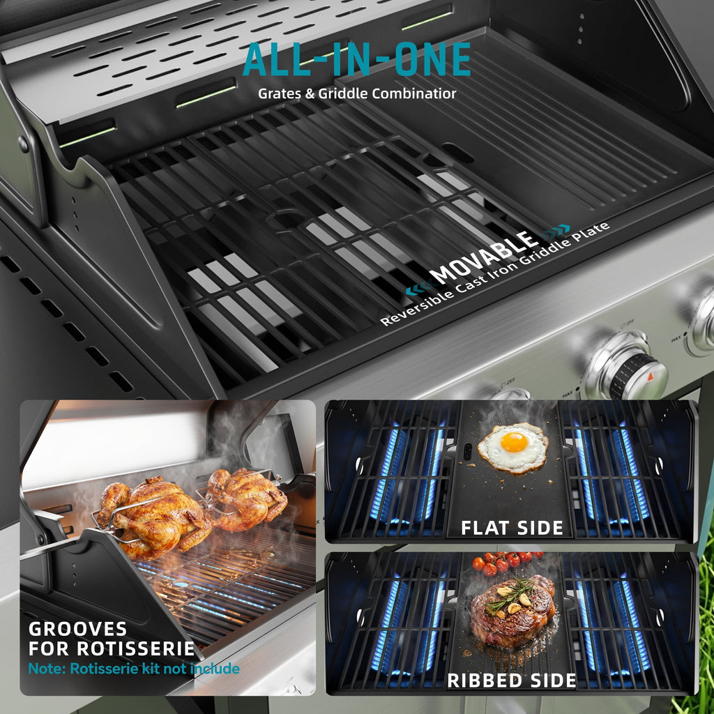 Biotree 4 Burner Gas Grill with Side Burner, 50800 BTU Barbecue Grill Propane Stainless Steel BBQ Grill with Porcelain-Enameled Cast Iron Grates for Outdoor Cooking Gas Grills