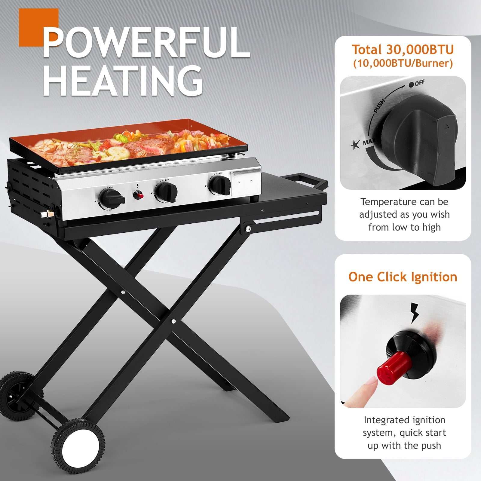 Ktaxon 3 Burner Propane Griddle Flat Top Gas Grill 30000 BTU Portable Grill with Ceramic Coated Cast Iron Pan,Side Shelves,Wheels Ktaxon