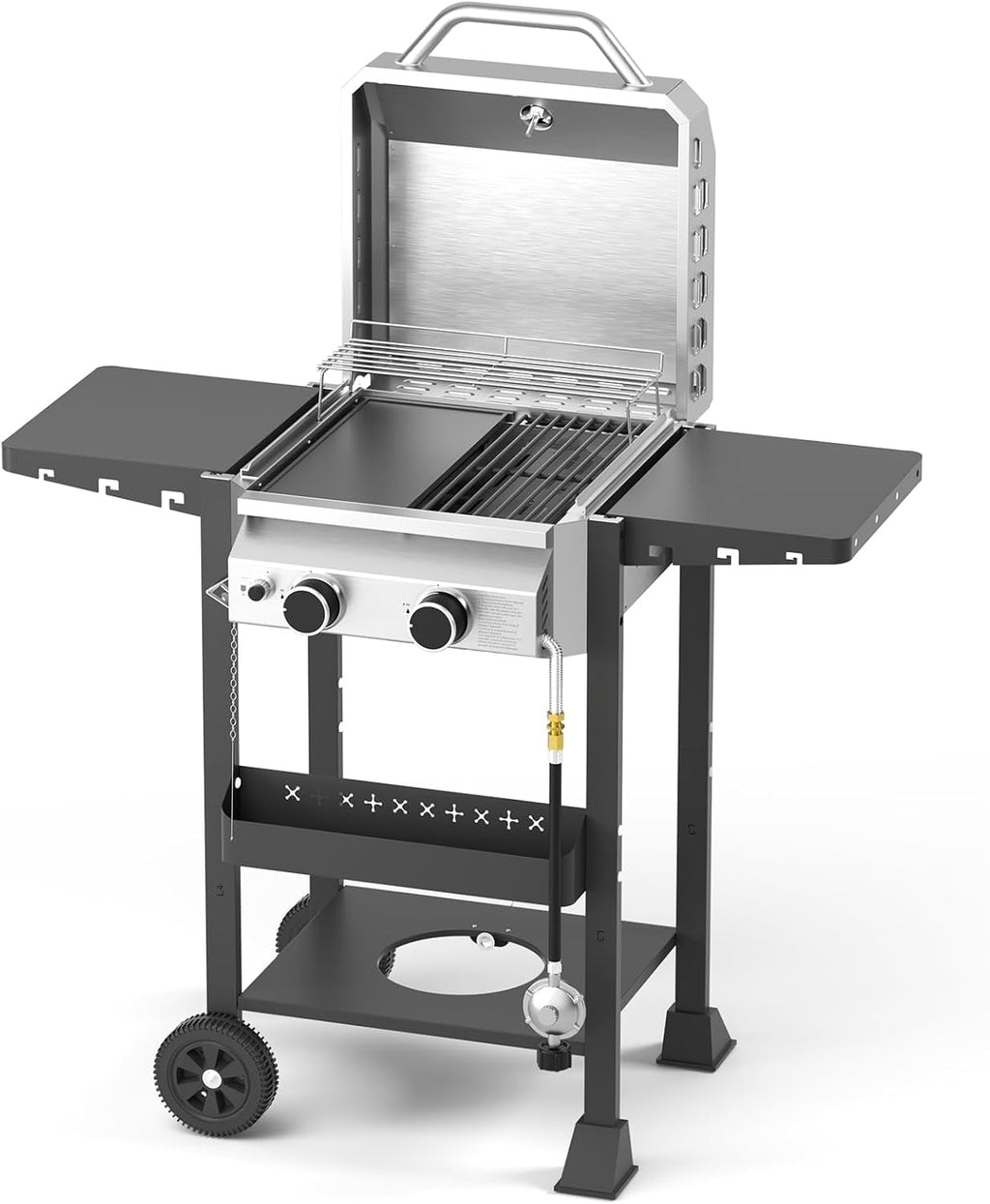 16000 BTU 2-Burner Propane Grill, Stainless Steel BBQ Grill with Cast Iron Frying Pan and Grates Combo, for Patio Backyard Outdoor Cooking WAA