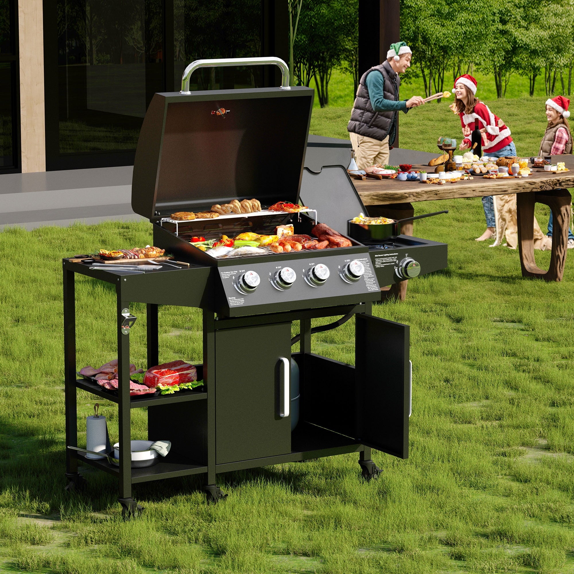4 Burner Propane Gas Grill with 3 Tier Shelf, 50000 BTU Outdoor Cooking Stainless Steel BBQ Grills Cabinet,Can be Placed Smoke Box，Black Tcisa
