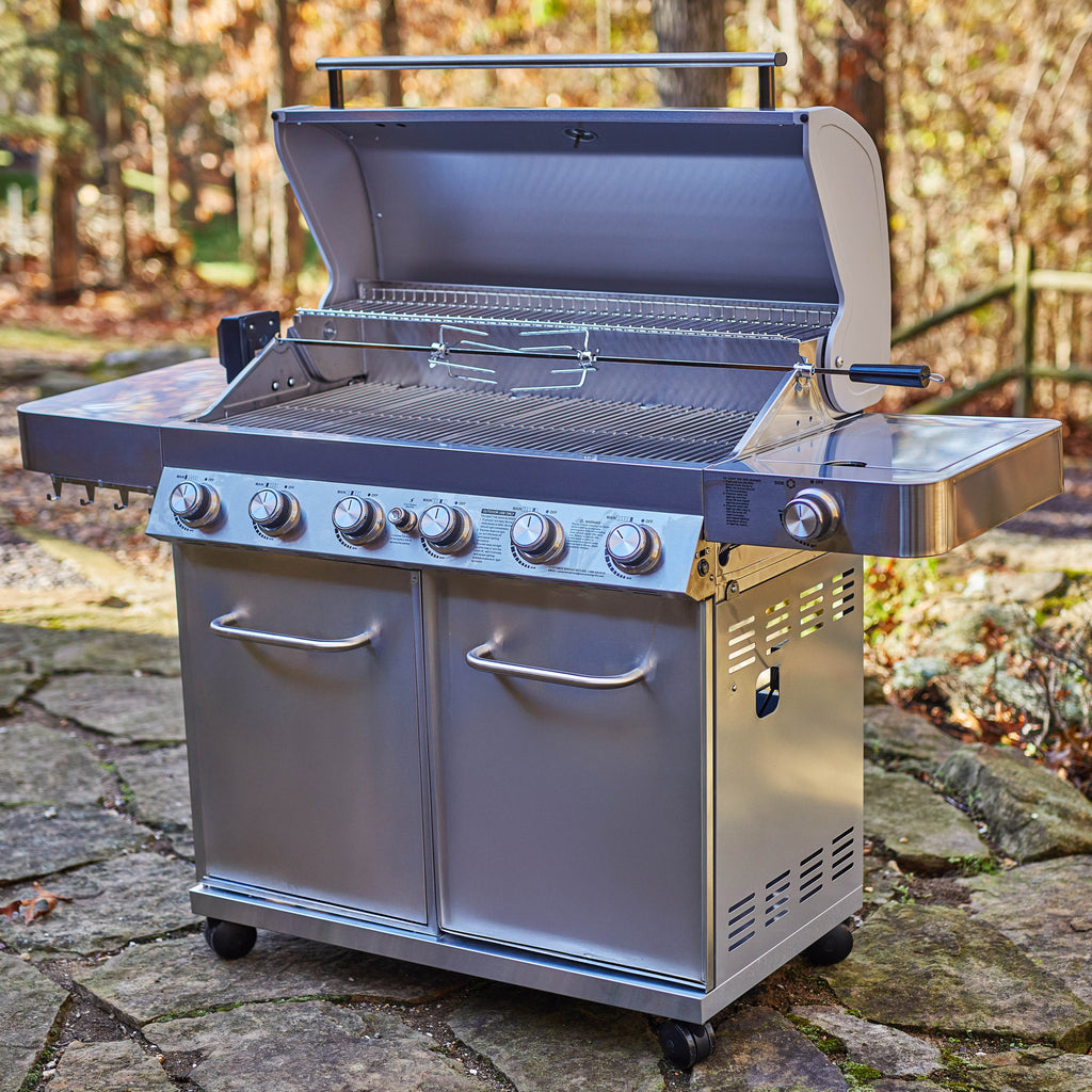 Monument Grills 6+1 Burner Propane Gas Grill  84,000 BTU Stainless Steel Outdoor Patio Barbecue Grill  LED Controls , Free Rotisserie Kit , and Easy Cleanup , 77352 Monument Grills