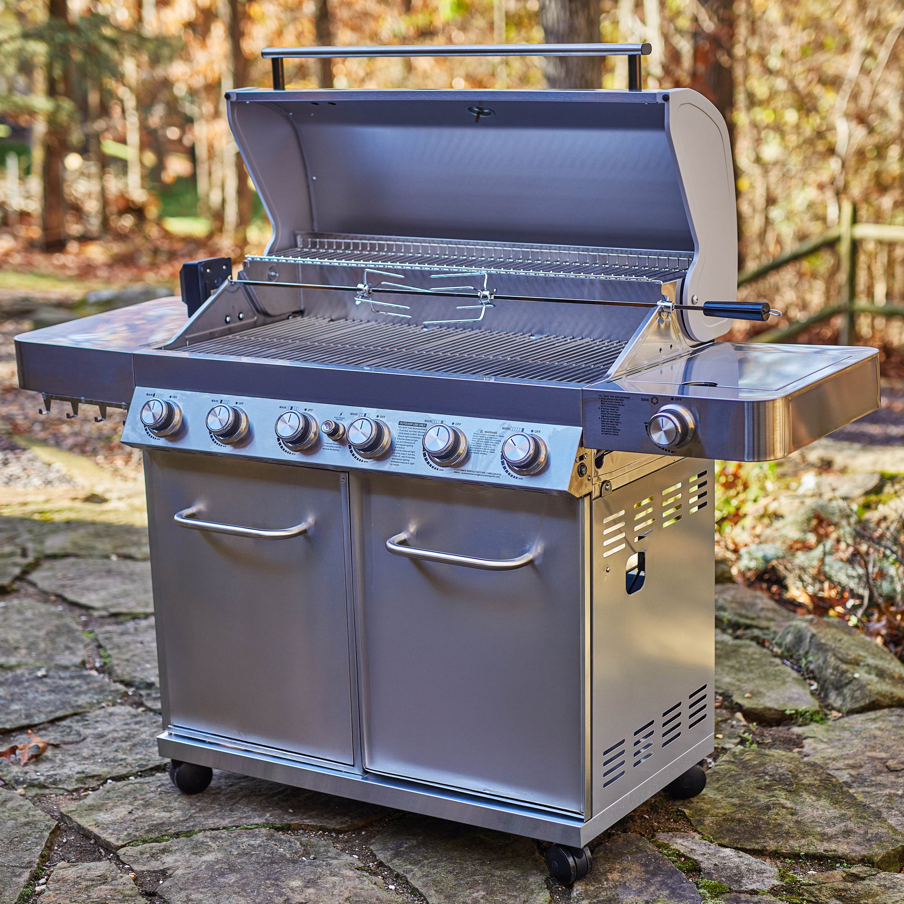 Monument Grills 6+1 Burner Propane Gas Grill  84,000 BTU Stainless Steel Outdoor Patio Barbecue Grill  LED Controls , Free Rotisserie Kit , and Easy Cleanup , 77352 Monument Grills