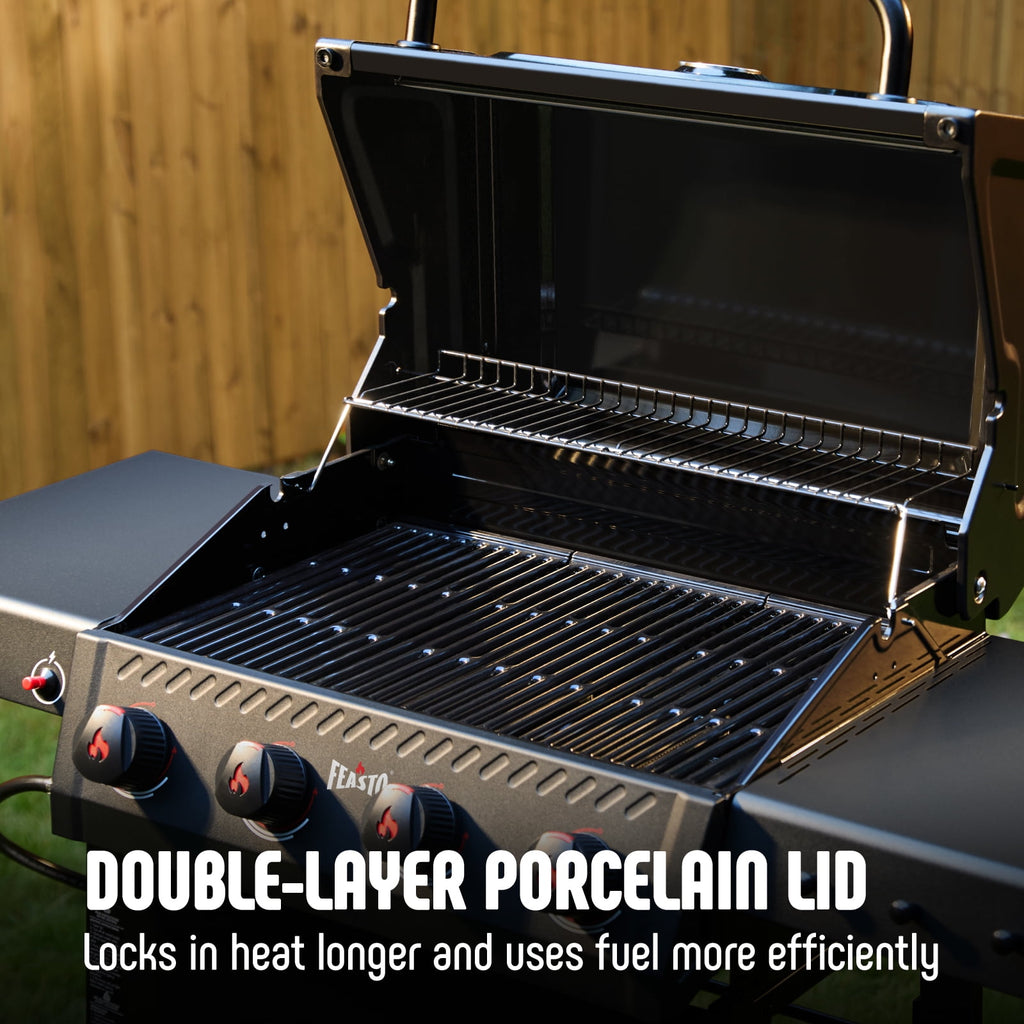 Feasto 4-Burner Propane Gas Grill, Outdoor Grill with 2 Side Tables and Porcelain-Enameled Grates, Black Gas Grills