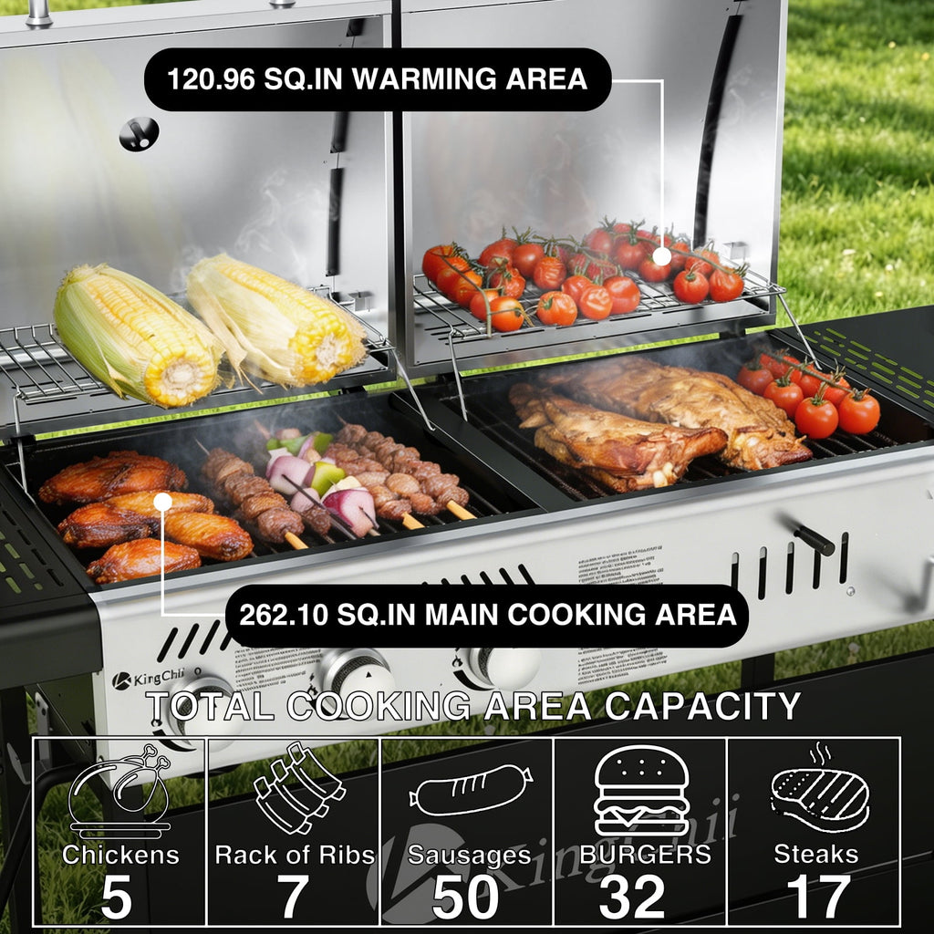 KingChii Gas and Charcoal Grill Combo, Dual Fuel 3-burner BBQ Grill Smoker with Side Burner for Outdoor Patio Cooking Barbecue Gas Grills