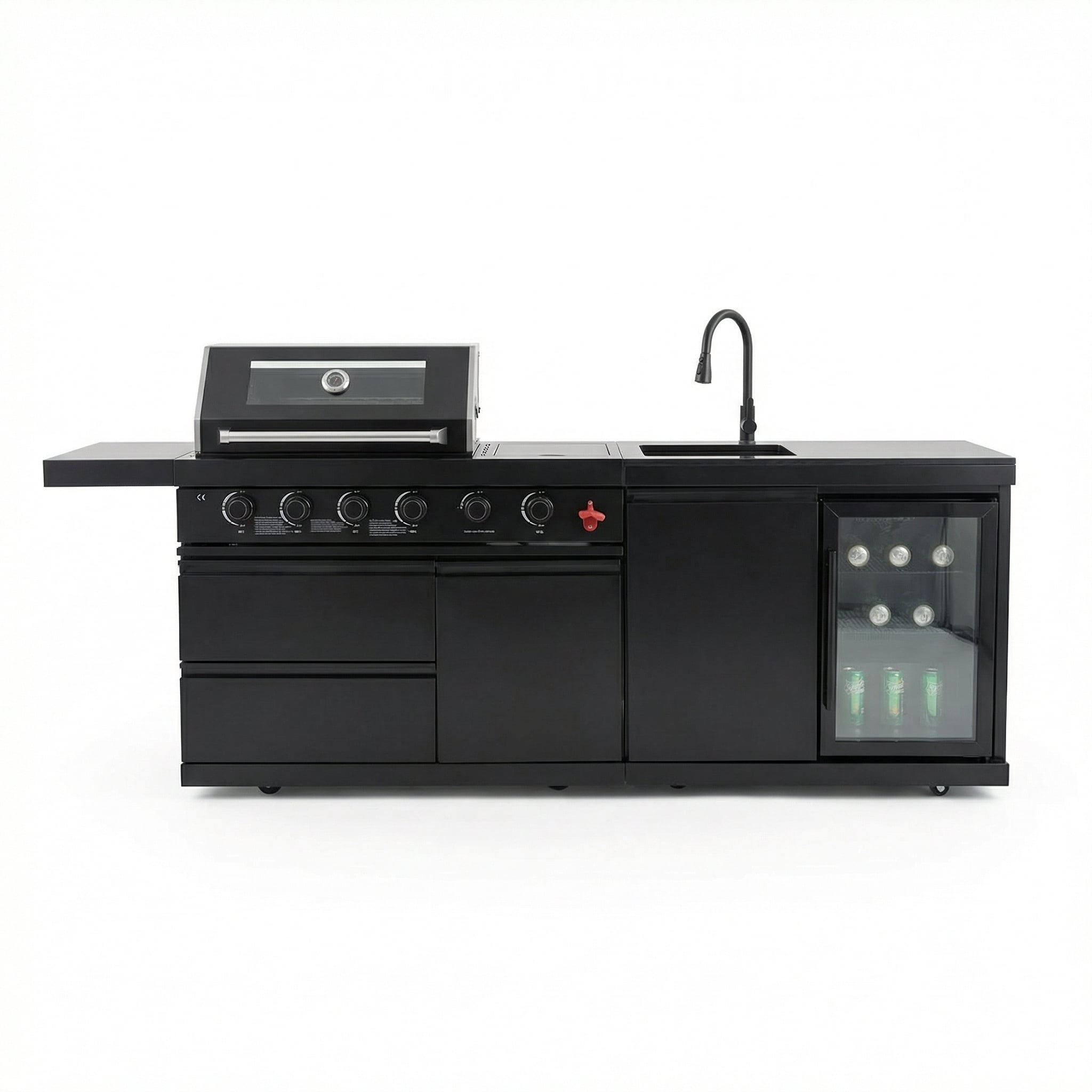 84 Deluxe Outdoor Kitchen Island with 6-Burner Gas Grill (75300 BTU), Premium SS304 Stainless Steel BBQ Station, Black Galaxy Granite Countertop, Dual-Zone Refrigerator, Sink, Rotisserie Kit & Cover HomeMindful