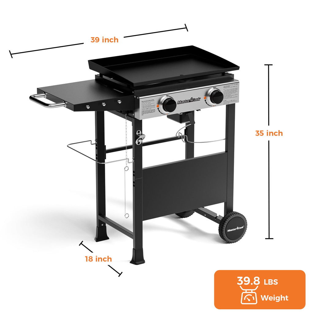Master Cook 2-Burners Propane Griddle, Flat Top Gas Grill Griddle with Side Shelves for Outdoor BBQ, Camping Master Cook