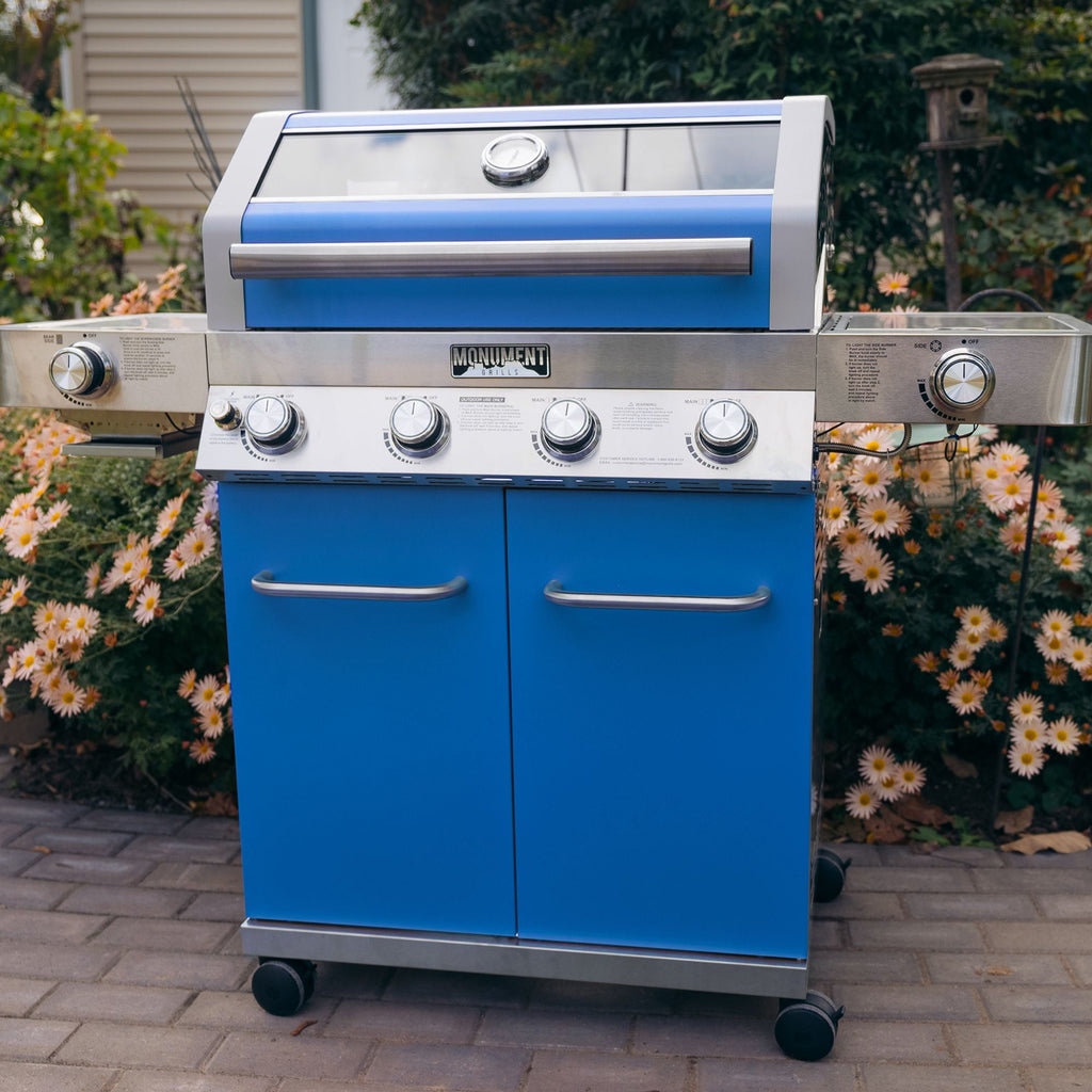 Monument Grills Stainless Steel 4 Burner Propane Gas Grill with Clearview? Lid, Infrared Side Sear Burner & Side Burner Gas Grills
