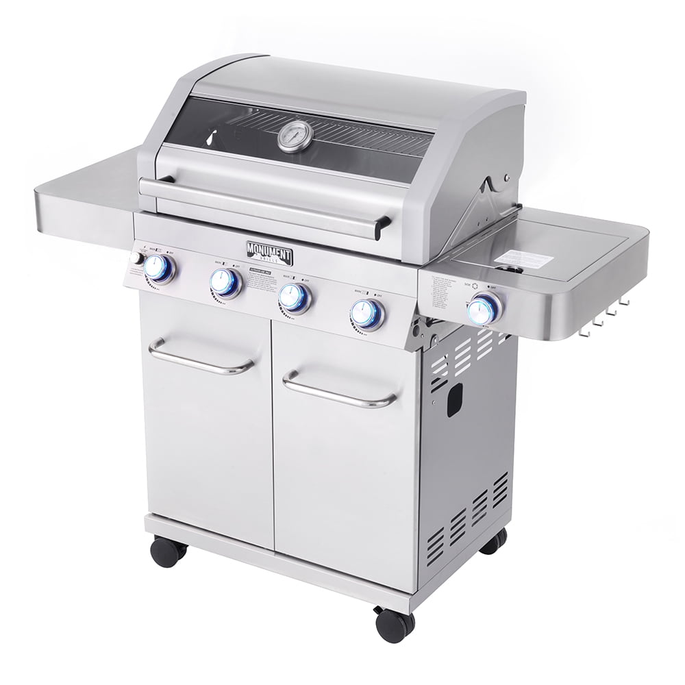Monument Grills 4-Burner Natural Gas Grill in Stainless with Clear View Lid, LED Controls, Grill Cover, and Side Burner Monument Grills