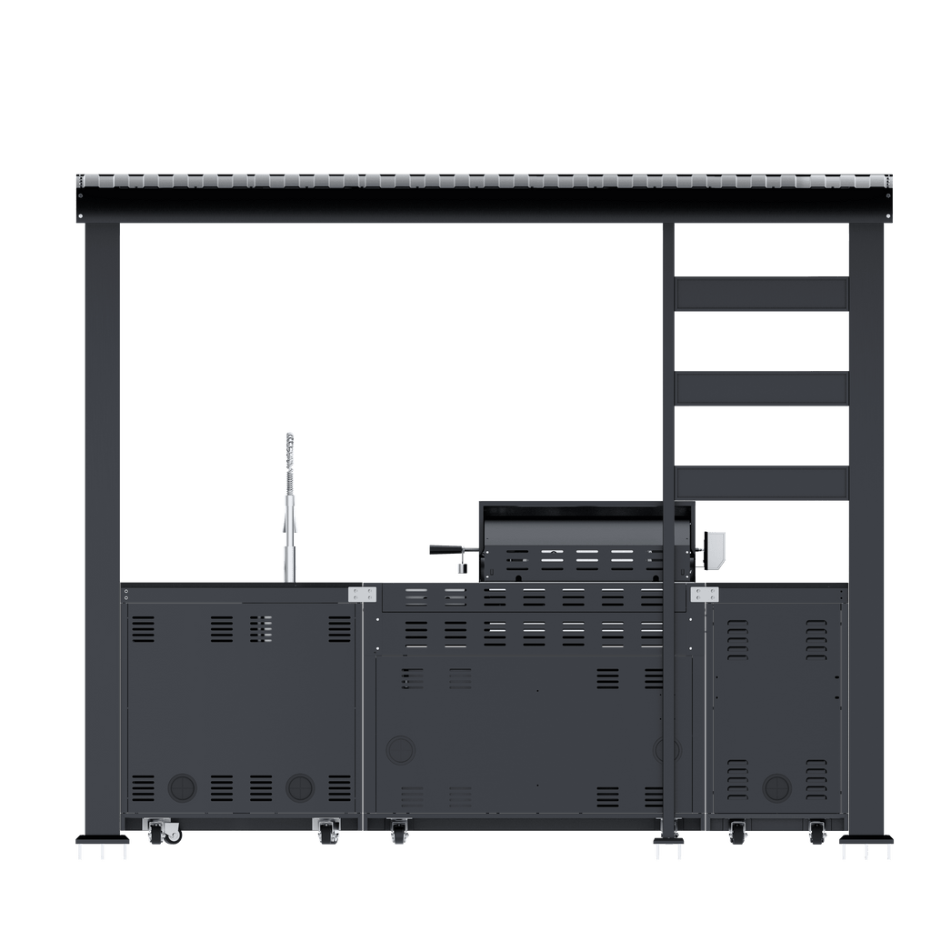 110-Inch 4-Burner 72000 BTU Deluxe Stainless Steel Propane Gas Outdoor Kitchen Bar Barbecue Island Grill Wine Cooler Compact+Refrigerator+Rotisserie+Granite Countertops+Storage Cabinets & Drawers HomeMindful