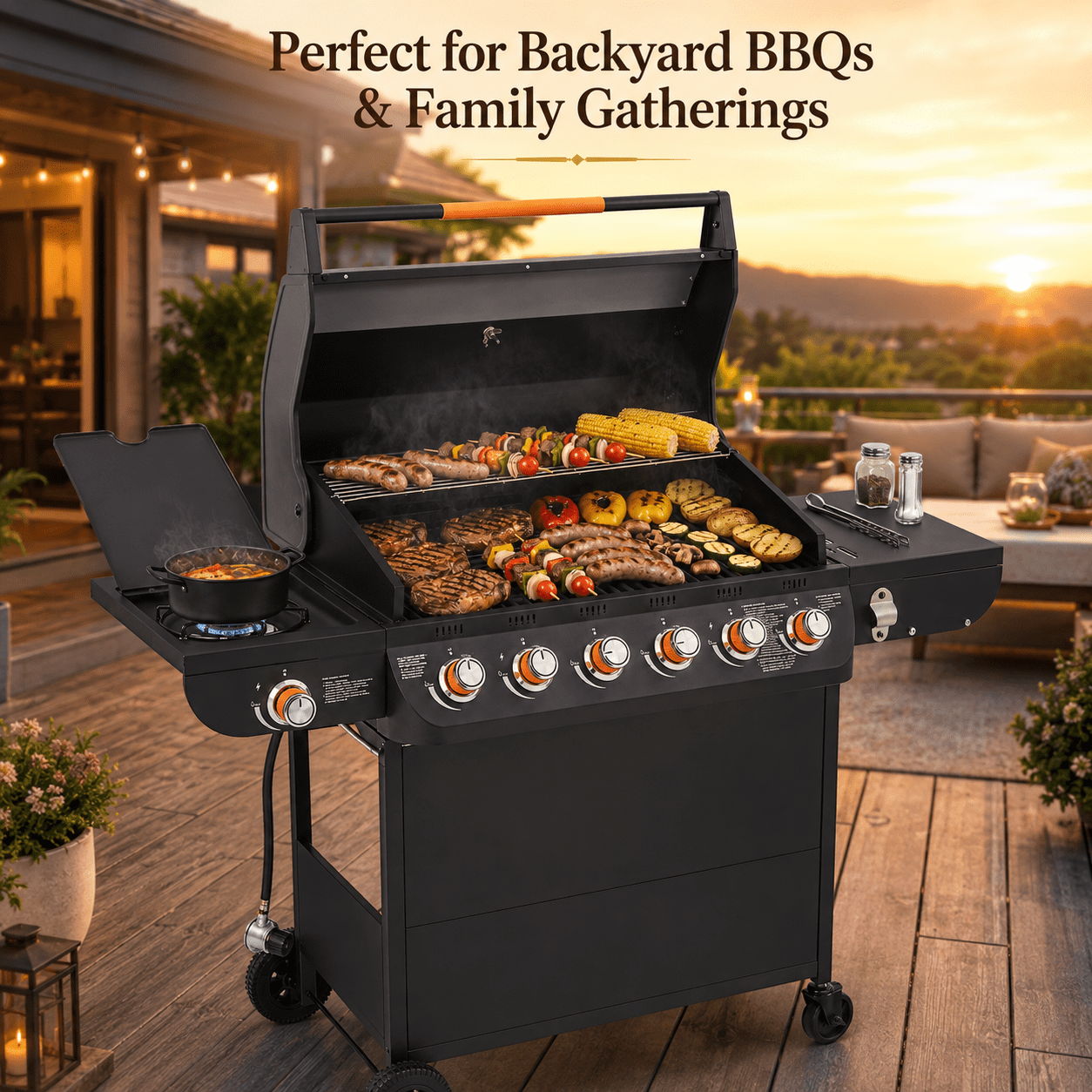 Seizeen 72,000 BTU Powerful Gas Grill, 6-Burner Propane BBQ Grill with Side Burner, w/Cast Iron Grates, Warming Rack, Thermometer Seizeen