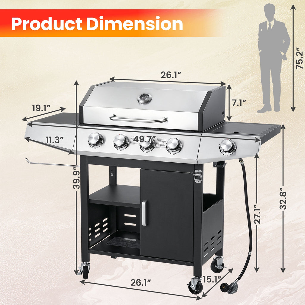 Segmart 4 Burner BBQ Propane Gas Grill with Side Burner, Stainless Steel 50,000 BTU Patio Barbecue Grill with Shelf, Gas Tank Hook, Towel Rack & Bottle Opener, Fits for Camping, Outdoor Cooking Gas Grills