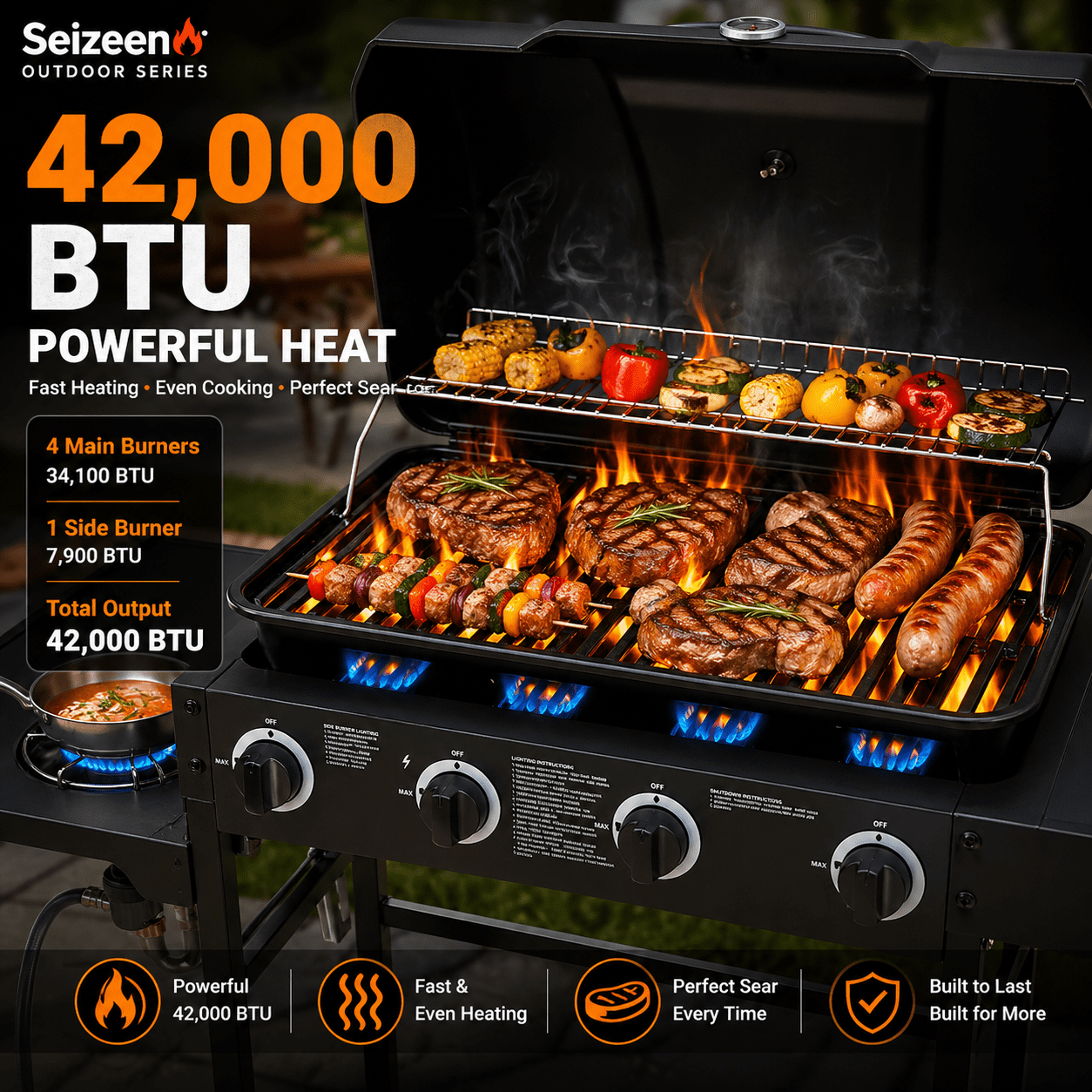 4 Burner Propane Gas Grill with Side Burner, 42000 BTU Stainless Steel BBQ Grill with Cast Iron Grates, 534 Sq In Cooking Area, Outdoor Barbecue Grill with Side Tables for Patio Backyard Cooking Gas Grills