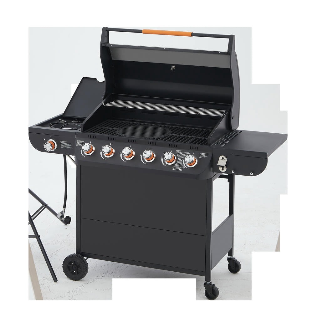 Kadyn 6-Burner Gas Barbecue Grill, 72000 BTU High-Heat Grill with Side Tables, Cast Iron Grates & Side Burner, Outdoor Kitchen, Black Kadyn