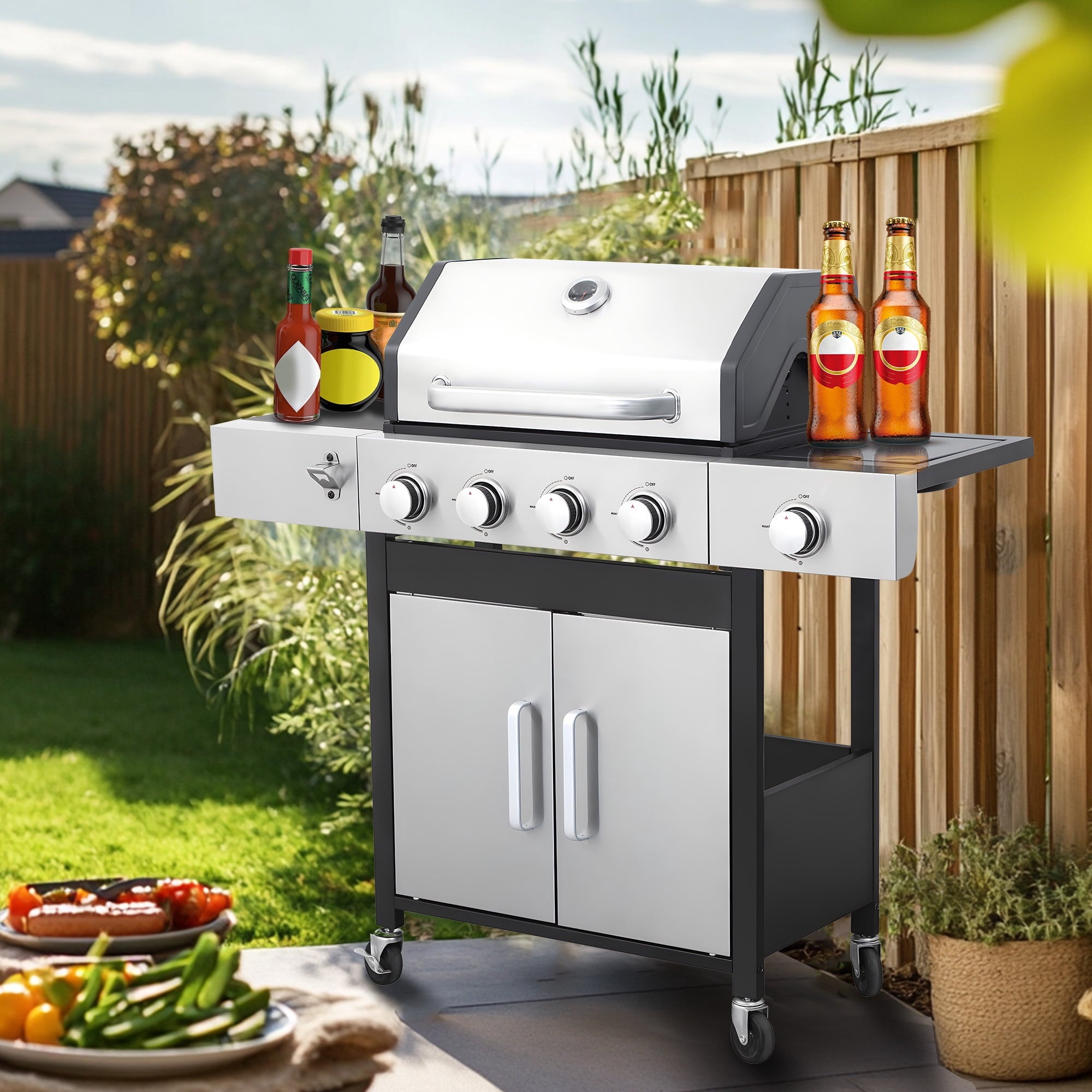 Seizeen 4 Burner Outdoor BBQ Grill with Side Burner, 46,790BTU Propane Gas Grill Stainless Steel, 2-IN-1 Enameled Cast Iron Grid & Frying Plate, High Lid, for Patio and Garden Cooking Seizeen