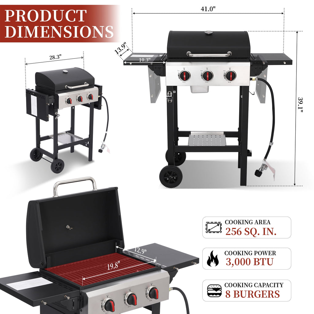 CIG GARDEN 3-Burner Propane Gas Grill with Folding Side Tables, Cast Iron Grates, and Stainless Steel Grill Pan CIG GARDEN