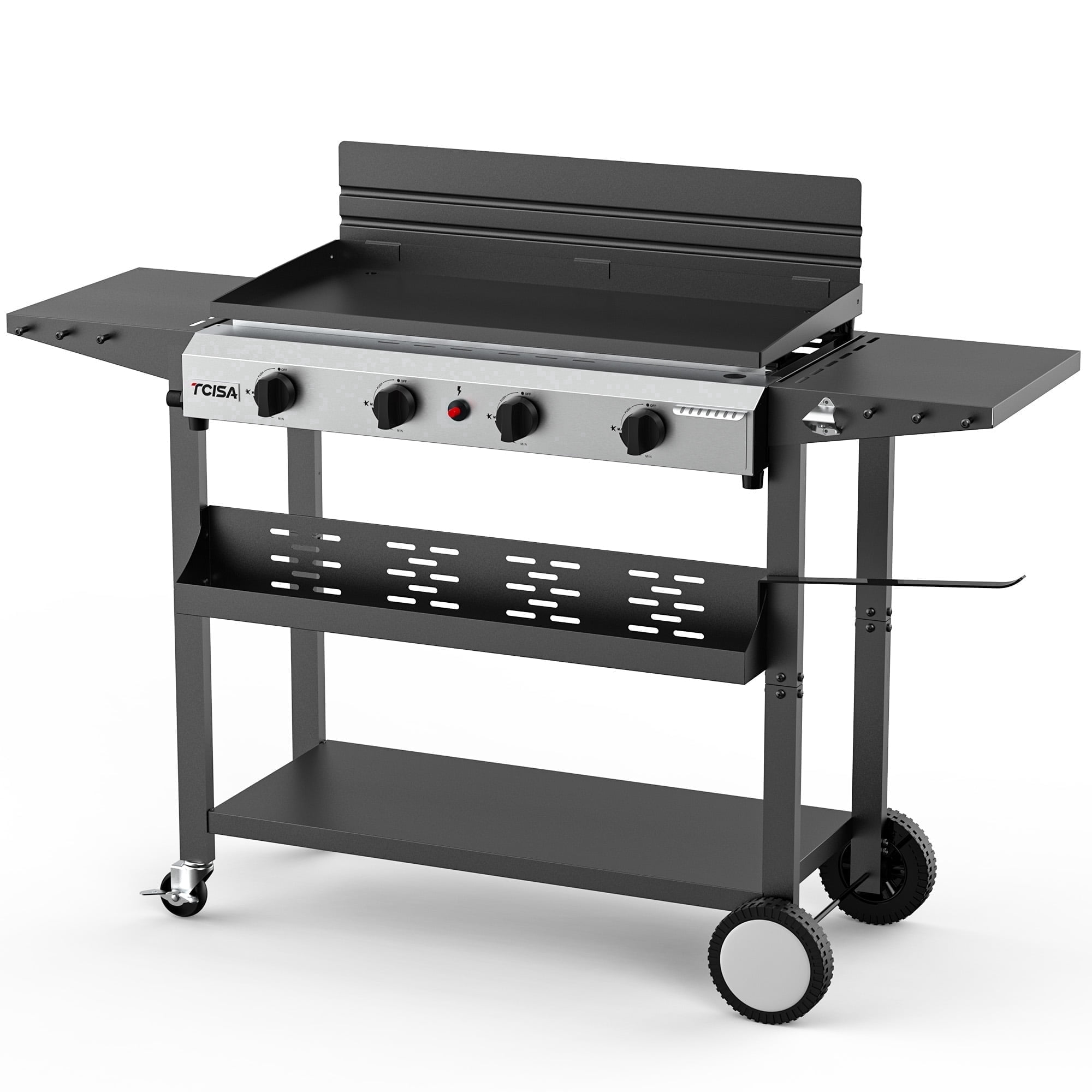 Tcisa 4 Burner Propane Gas Griddle with Standing Cart, Flat Top Grill with Hood for Camping, Tailgating, Backyard Gas Grills