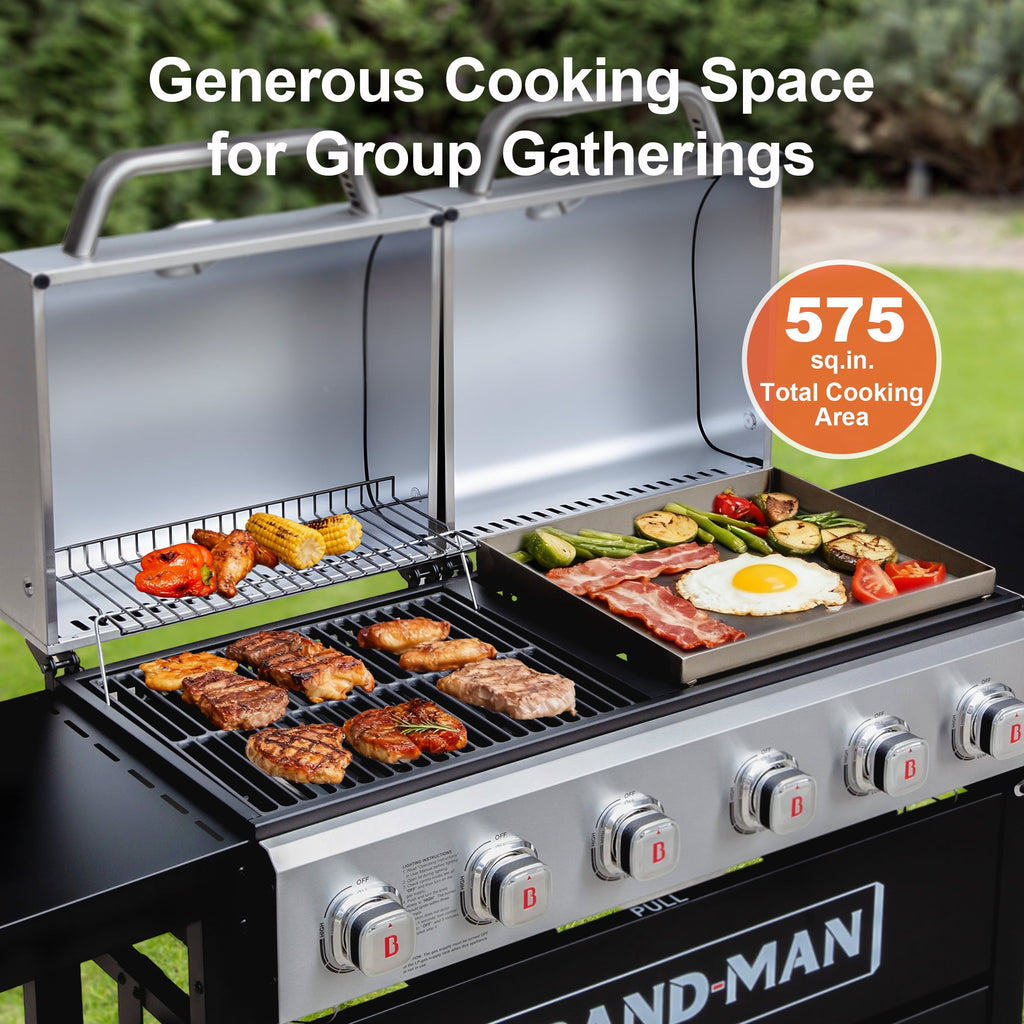 Brand Man Propane 6-Burner Combo Gas Grill with Flat Top Griddle, Heavy Duty 2-in-1 BBQ with Stainless Steel Lids for Outdoor Barbecue Gas Grills