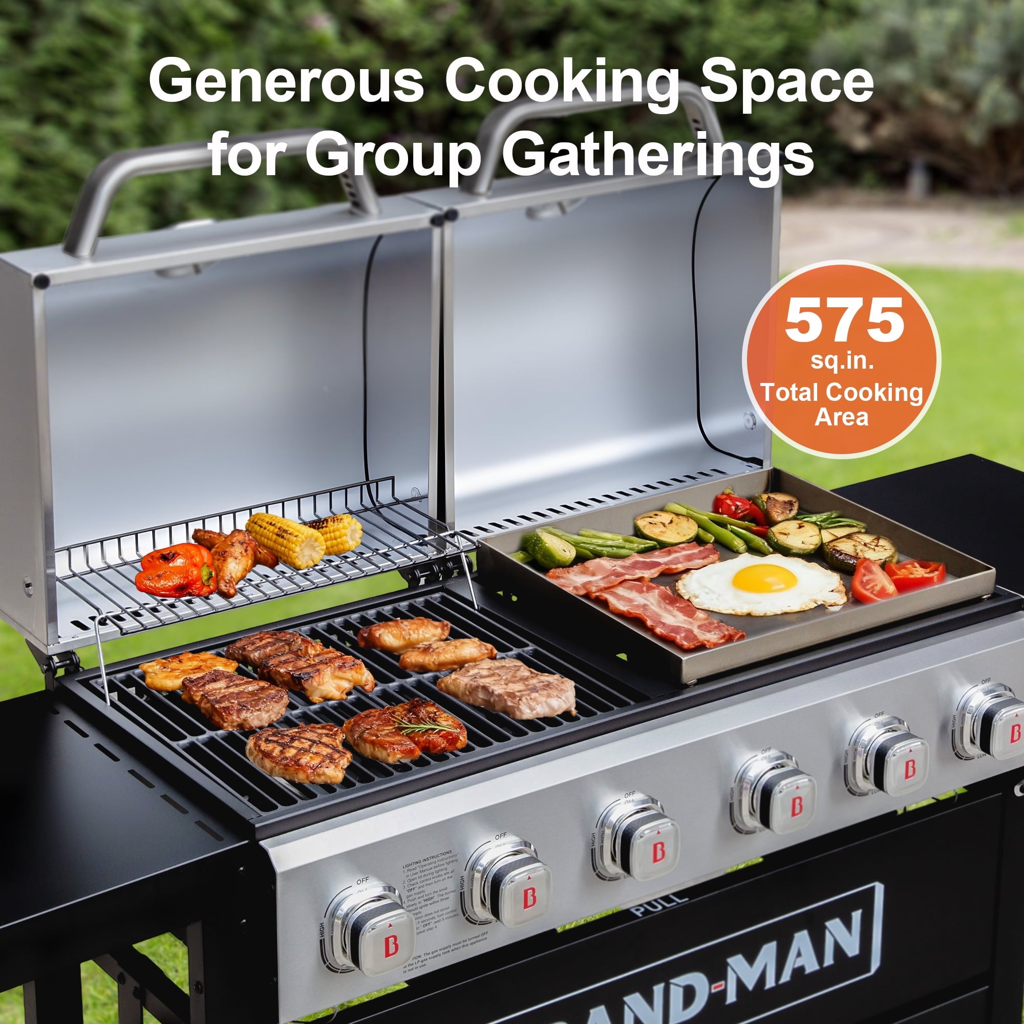 Brand Man Propane 6-Burner Combo Gas Grill with Flat Top Griddle, Heavy Duty 2-in-1 BBQ with Stainless Steel Lids for Outdoor Barbecue Gas Grills