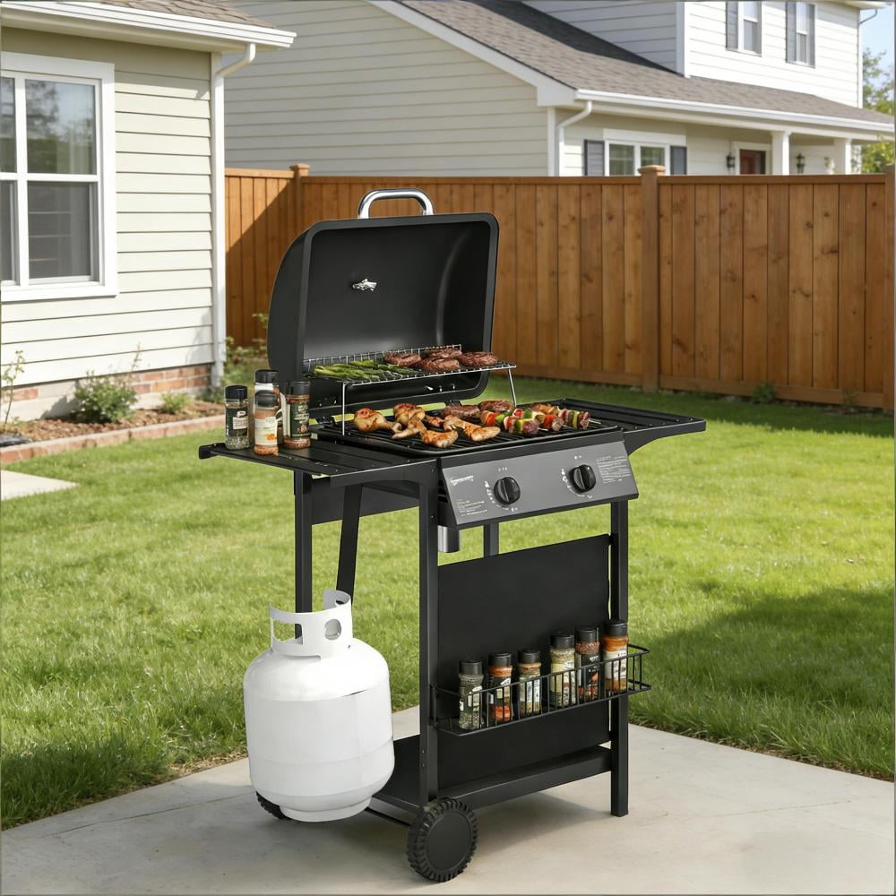 2 Burner 18000 BTU Propane Gas Grill Freestanding Outdoor BBQ Grill Dual?Zone Flat Top Grill with Warming Rack Side Tables for Backyard Patio Garden Family Outdoor Cooking Cozynest