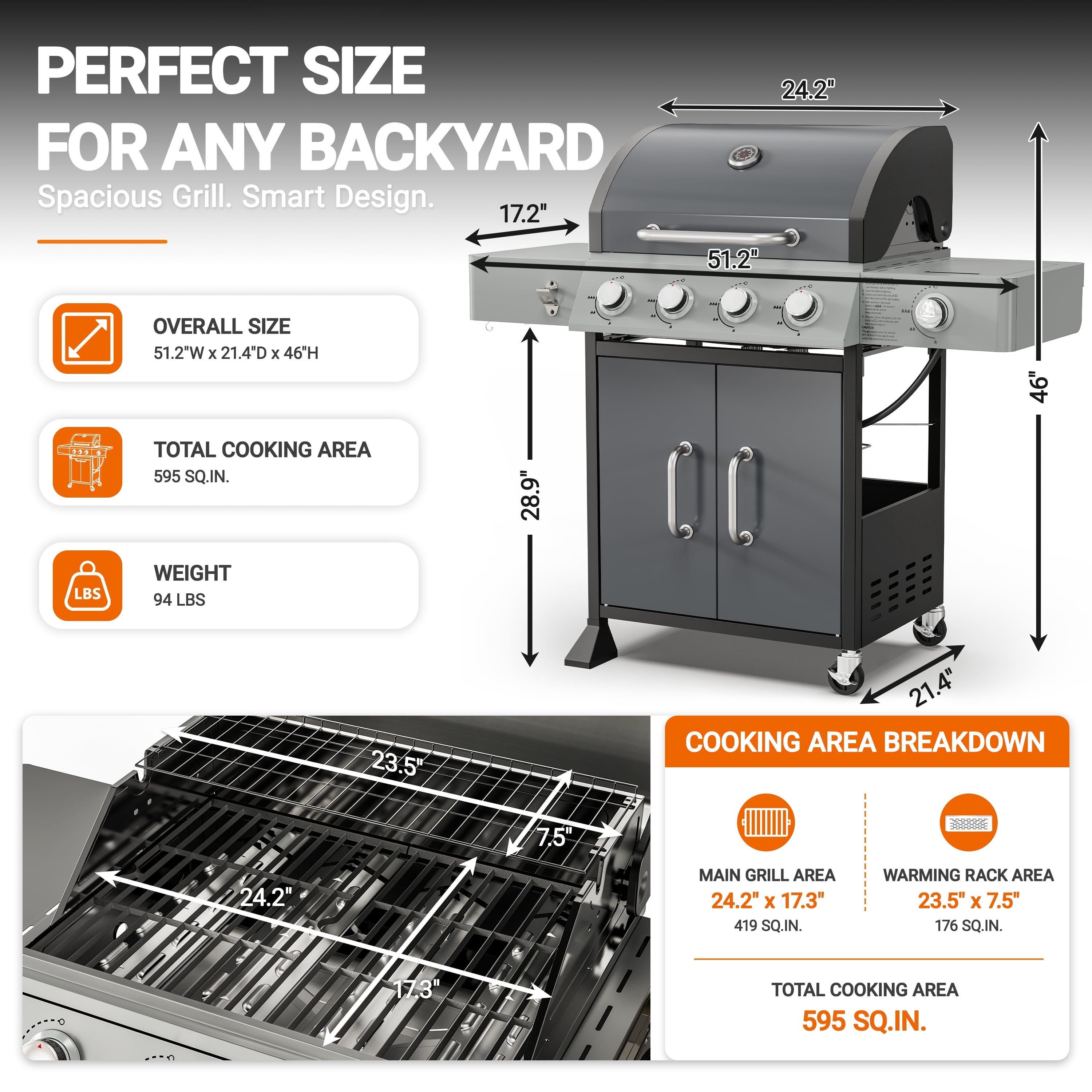 4-Burner Gas Grill with Side Burner, 51,000 BTU Propane BBQ Grill with Porcelain-Enameled Cast Iron Grates, Built-in Thermometer, Ideal for Patio Camping Outdoor Cooking Gas Grills