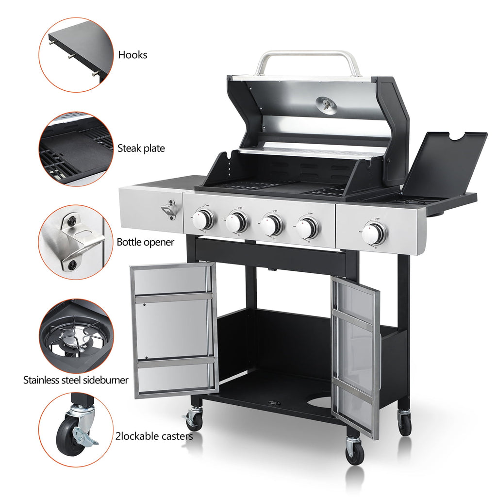 Stainless Steel Portable 4-Burner Propane Gas Grill, 46790BTU Output with bottle opener and 2pcs hooks, Stainless Steel for Outdoor Barbecue HZWDD