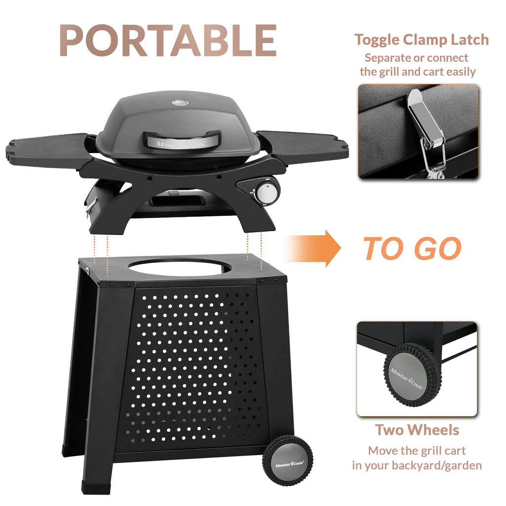MASTER COOK Propane Gas Grill, Portable Tabletop Barbecue Grill with Cart for Patio, Camping, Travel Master Cook
