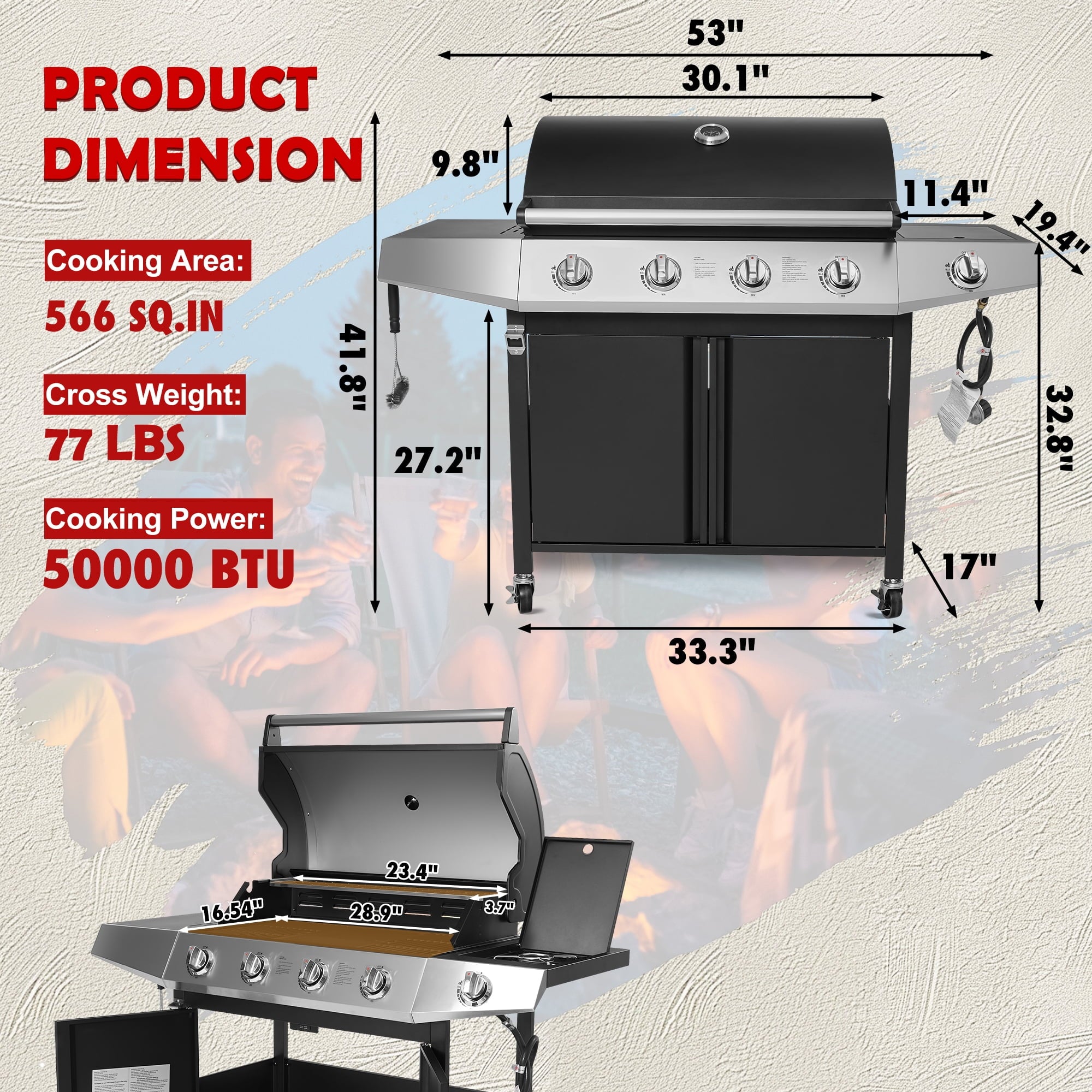 50000 BTU Gas Grills, SYNAGR Propane Grill with 566 sq.in Cooking Area, 5-Burner Stainless Steel BBQ Grill with Side Burner and Thermometer for Outdoor Party, Camping Syngar