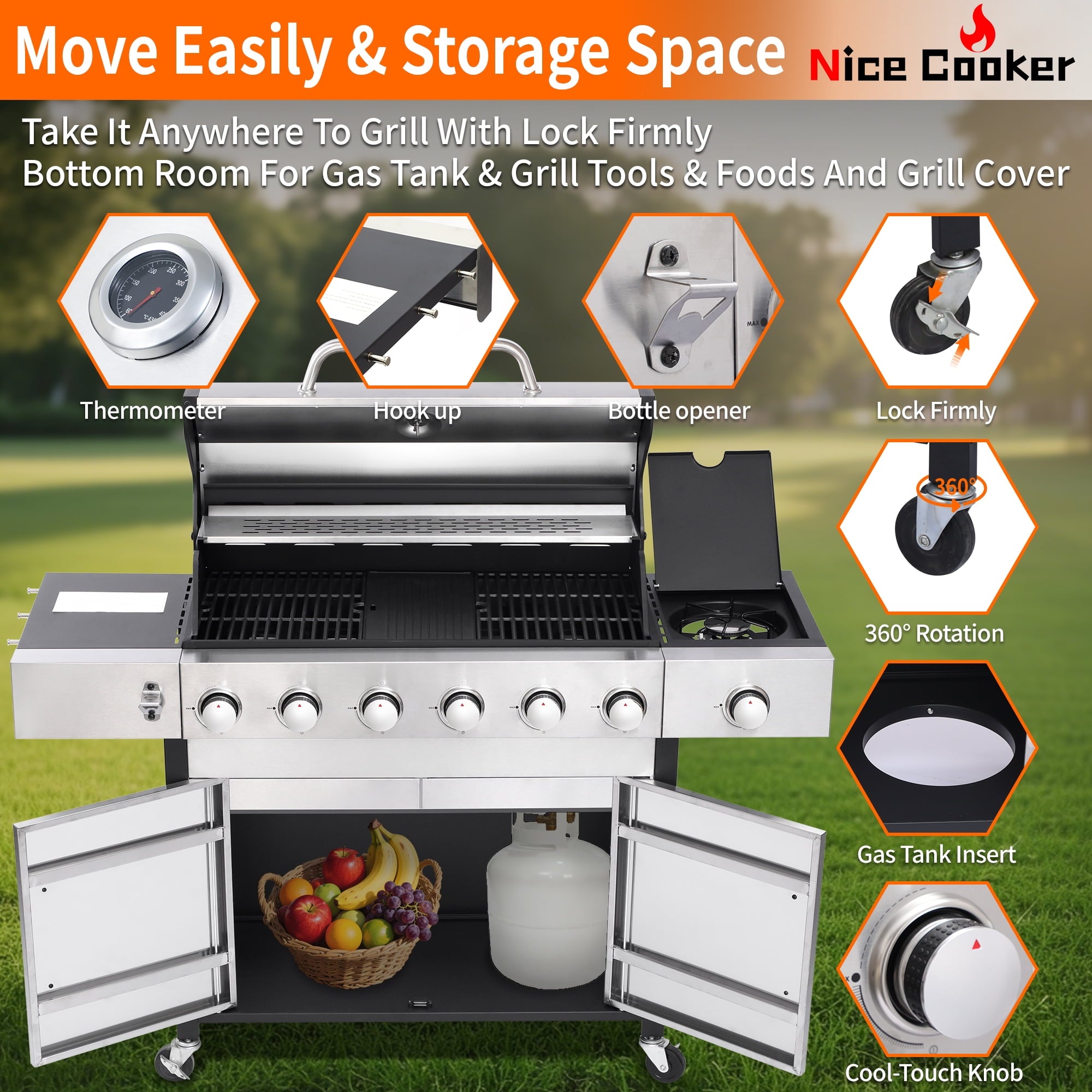 Nice Cooker 6-Burner Propane Gas BBQ Grill with Side Burner - 65850 BTU Total Output Stainless Steel Grills with Enameled Cast Iron Grill for Outdoor Backyard Barbecue, 620 SQ. IN. Cooking Area Nice Coker