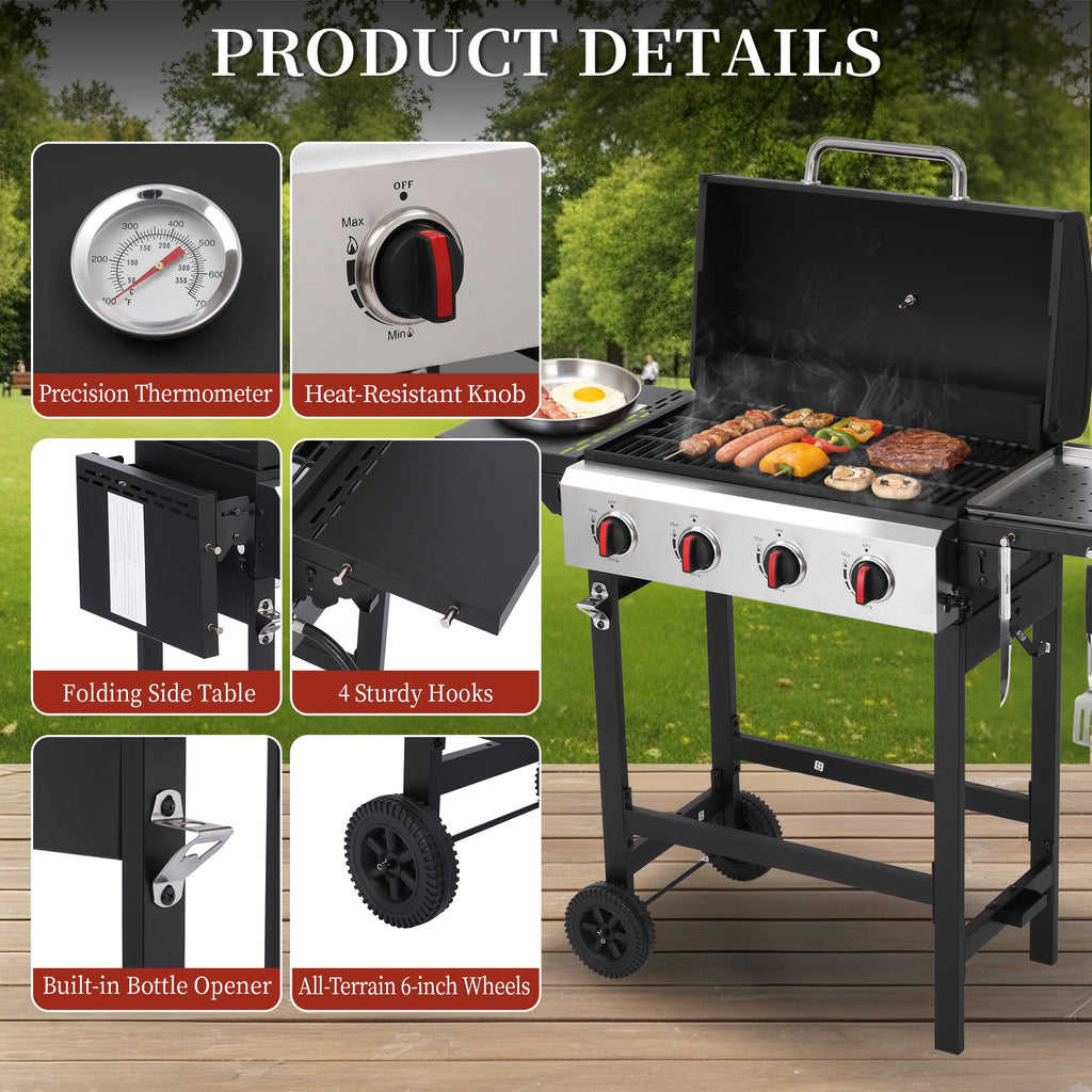 CIG GARDEN 4-Burner Propane Gas Grill with Folding Side Tables, Cast Iron Grates, and Stainless Steel Grill Pan CIG GARDEN