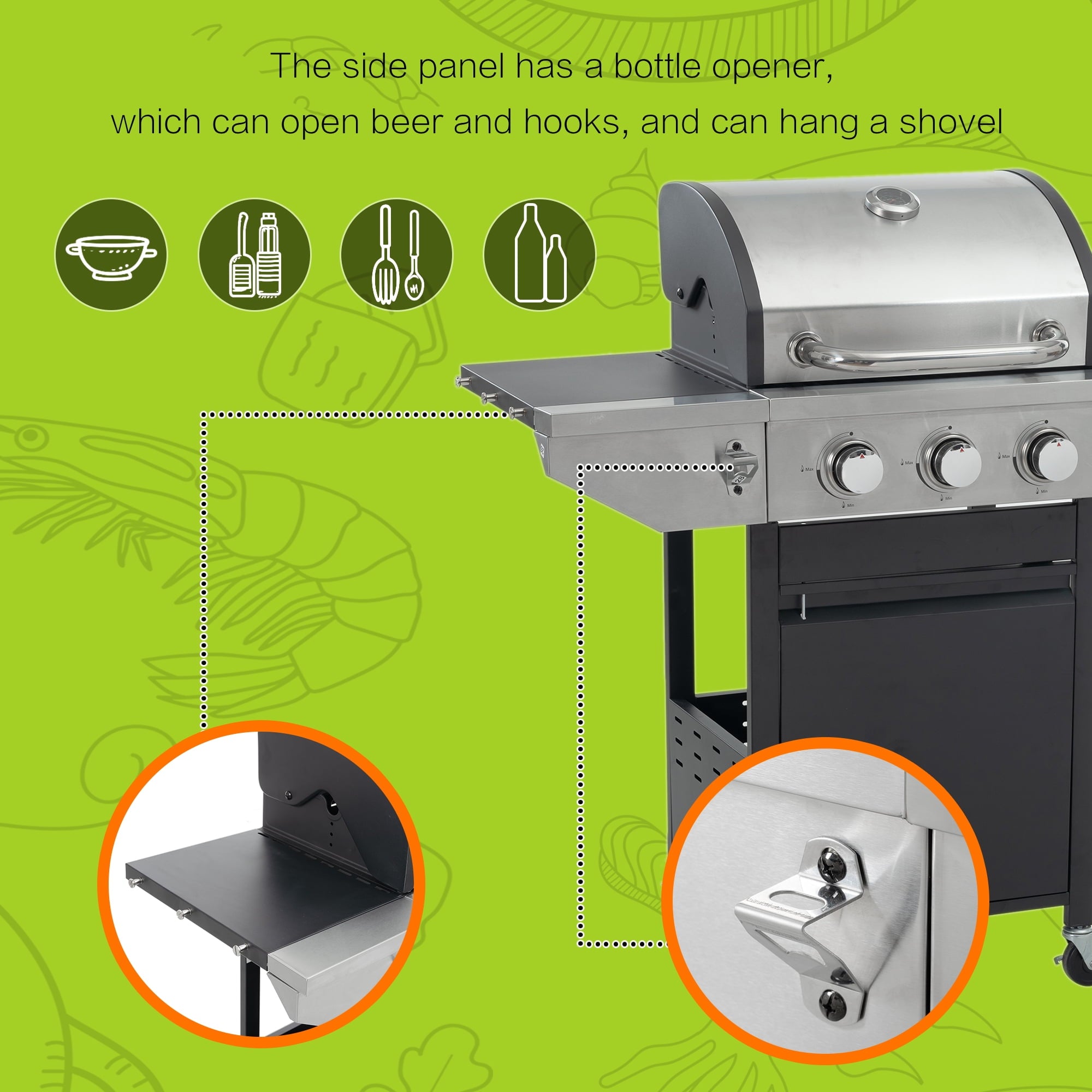 Enyopro 3 Burner Gas Grill , 37000 BTU Stainless Steel Propane Gas Grill with Side Burner, Outdoor BBQ Grill with Side Table and Thermometer, for Outdoor Camping BBQ Gas Grills