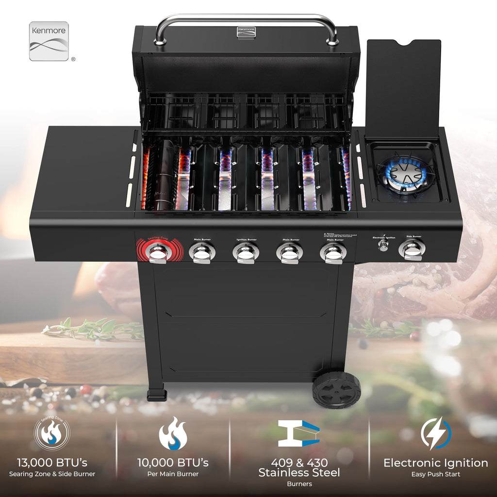 Kenmore BBQ Propane Gas Grill - 5 Burners with Side Burner & Searing Zone, 644 Sq. In. Stainless Steel Grill, 66,000 BTU, Ideal for Outdoor Cooking, Patio & Backyard, Black Gas Grills