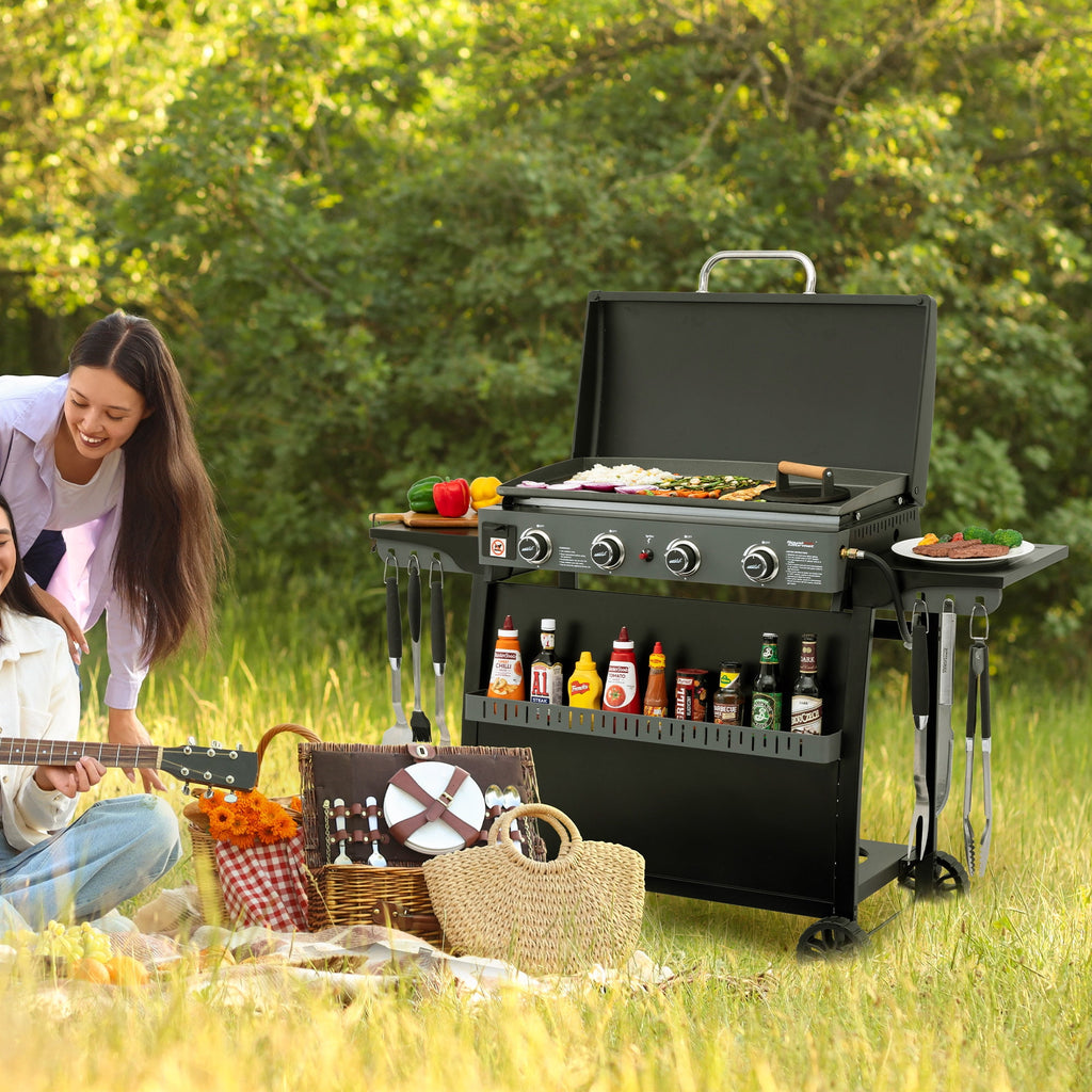Royal Gourmet PD4001 30-Inch 4-Burner Gas Griddle with Hood, Tabletop Gas Griddle with Removable Standing Cart, Free-Standing Cart with Side Shelves and Hooks Royal Gourmet