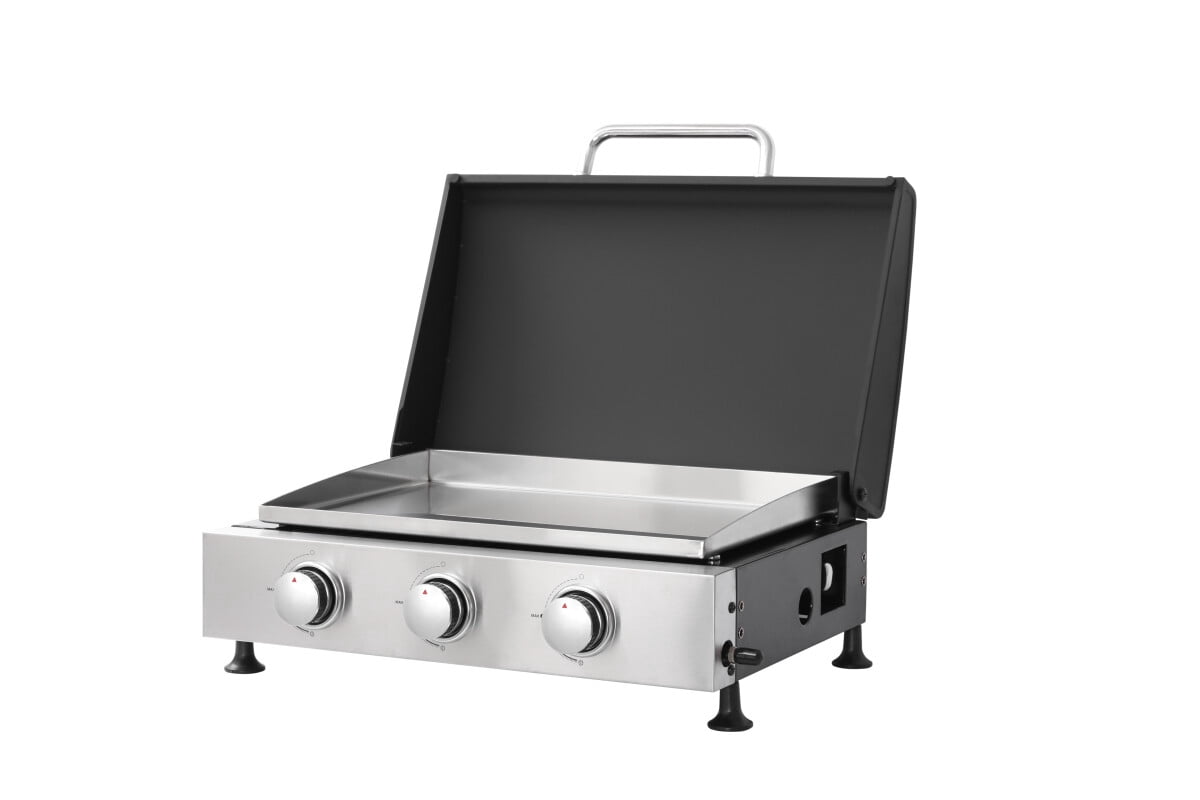 3 Burner Gas Grill - 28,650 BTU High-Powered, Stainless Steel with High-Temperature Enamel Coating, Multi-Function Teppanyaki & Grill, Cast Iron Grates, Pull-Out Oil Pan with Cups, Safe Ignition GORTES