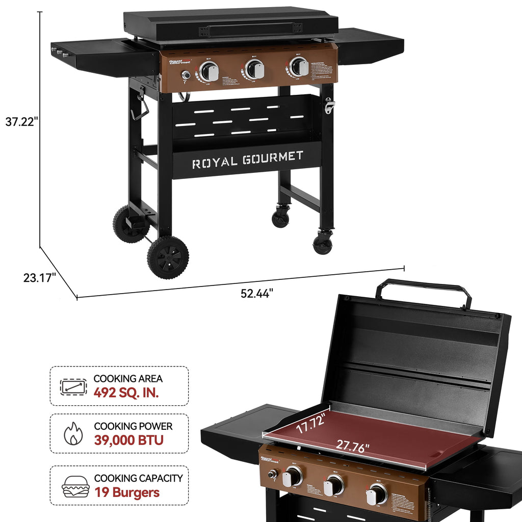 Royal Gourmet GB3000PY 3-Burner Gas Griddle with Hood, Griddle with Collapsible Side Shelves,Perfect for Outdoor Cooking Royal Gourmet
