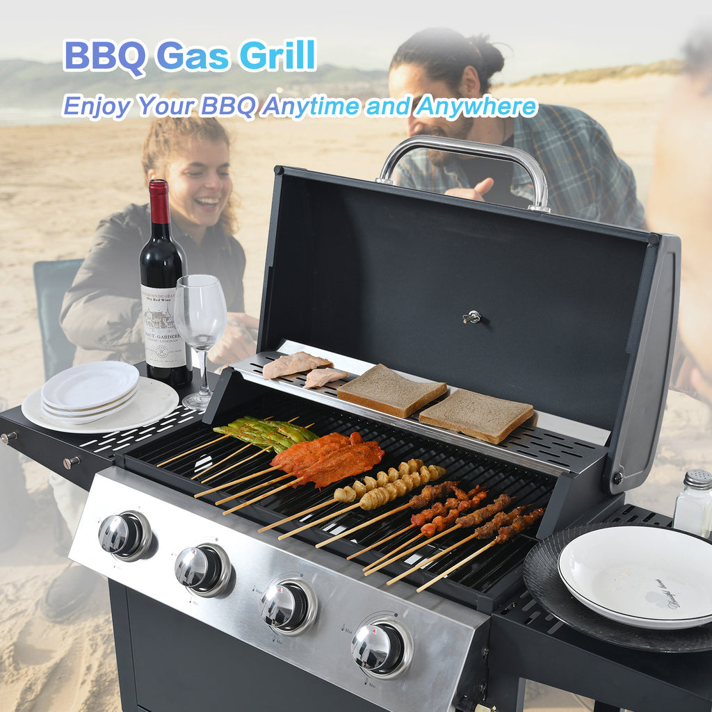 Minyam 4-Burner Propane Gas Grill with Side Shelves and Wheels, Stainless Steel Gas Grills