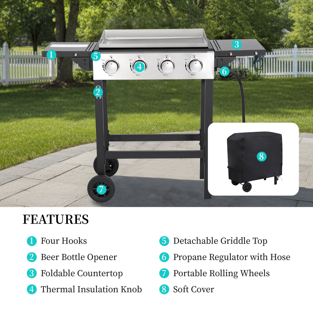 Flat Top Gas Grill 40000 BTU, 4 Burner Propane Griddle with Stainless Steel Pan, Side Shelves, and Wheels, Easy Clean Garden It