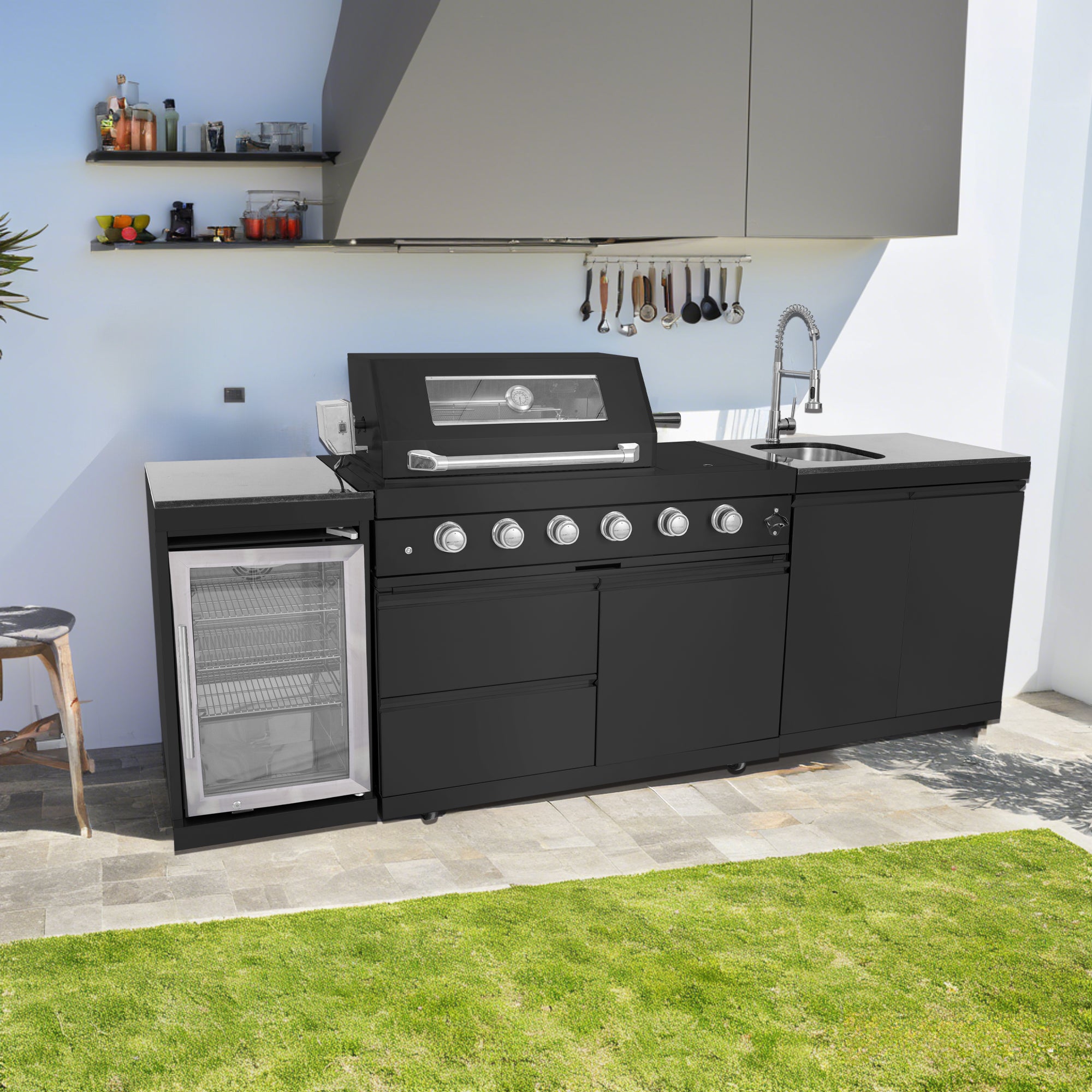AirWire 104 Deluxe Outdoor Kitchen Island: 4-Burner 85,000 BTU 304 Stainless Steel Gas Grill with Sink, Wine Cooler Refrigerator, Granite Countertop & Rotisserie Kit HomeMindful
