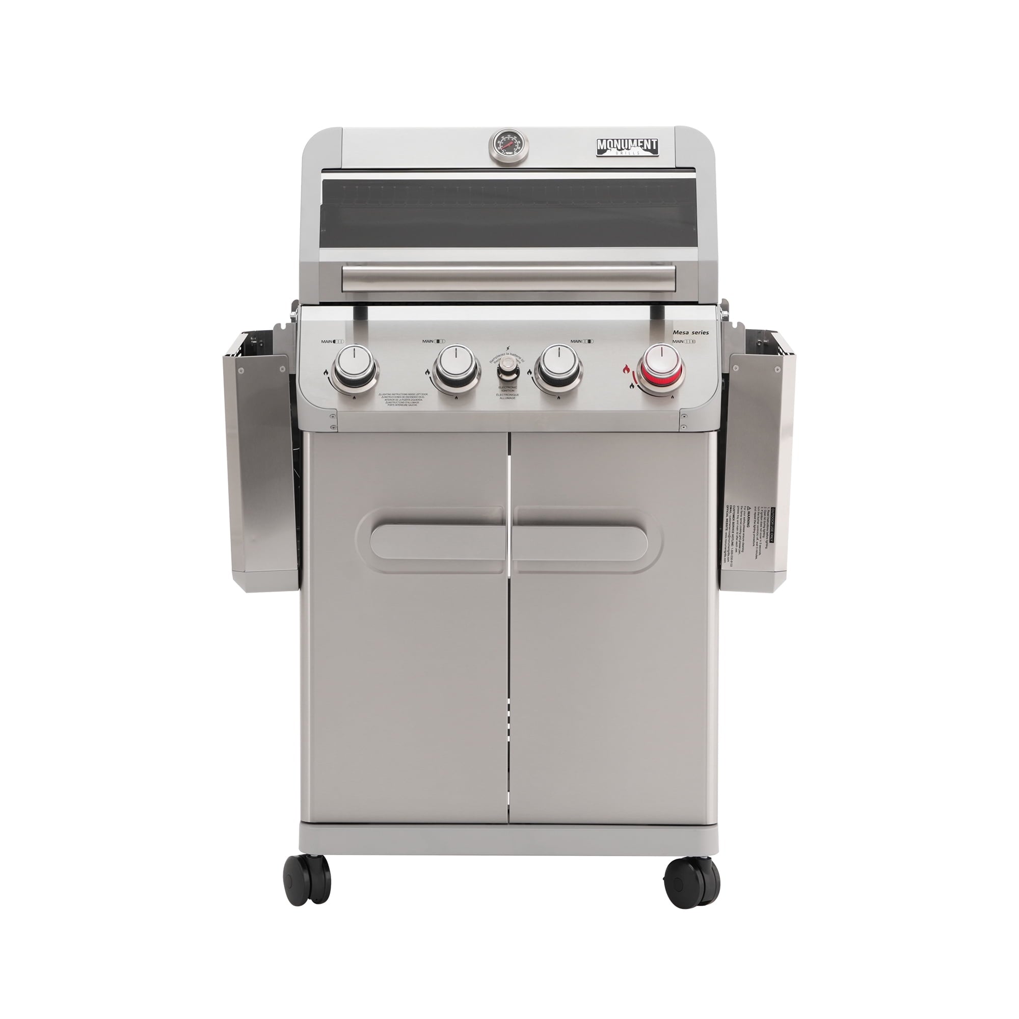 Monument Grills 4 Burner Stainless Propane Gas Grill with Viewing Window, Two Foldable Shelves ,Gas Tank Hook & Bottle , Easy Clean-up, M410MBZ Monument Grills