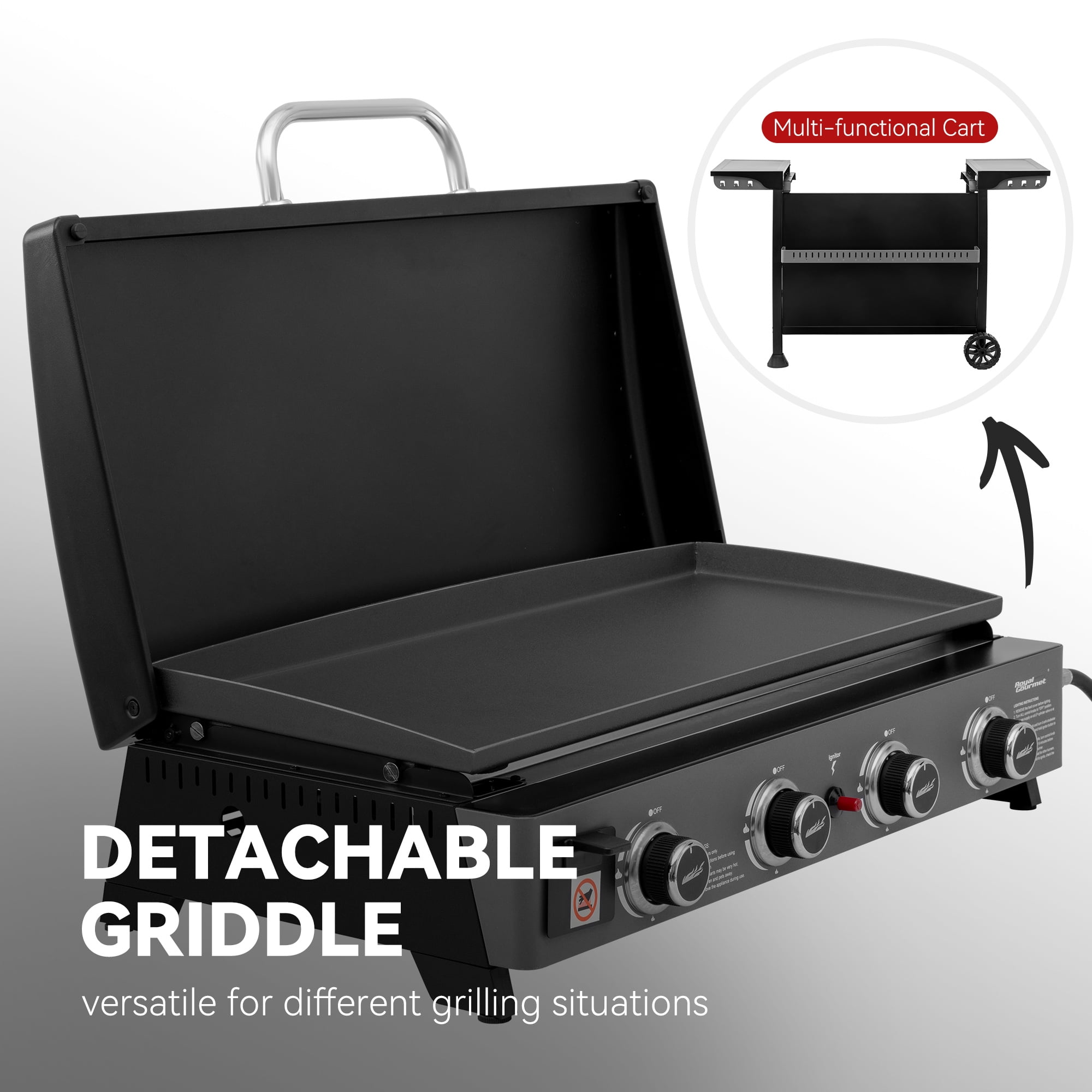 Royal Gourmet PD4001 30-Inch 4-Burner Gas Griddle with Hood, Tabletop Gas Griddle with Removable Standing Cart, Free-Standing Cart with Side Shelves and Hooks Royal Gourmet