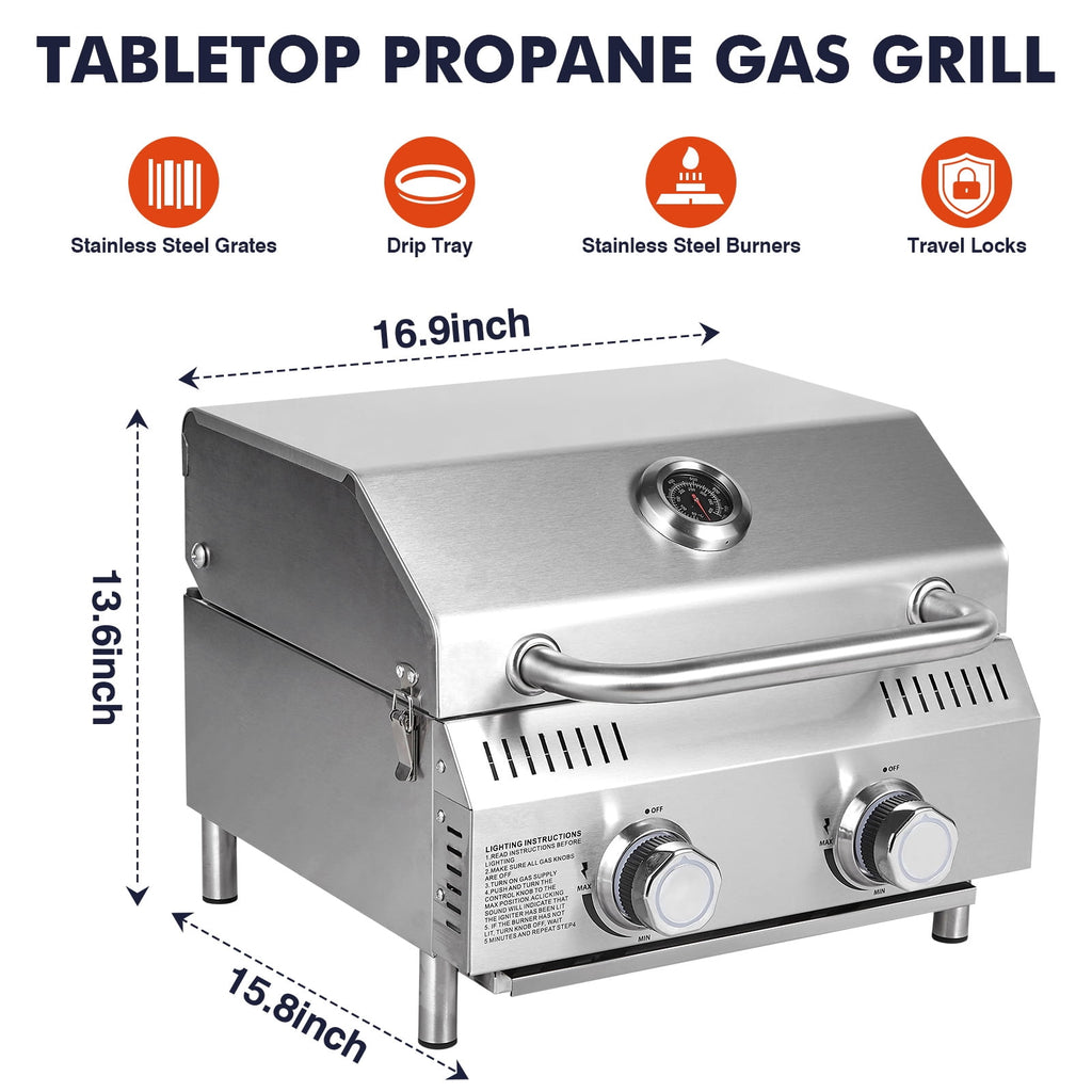 Frizi Portable 2-Burner Tabletop Propane Grill for Patio, 20,000 BTU, Stainless Steel, Camping & Tailgating Gas Grills