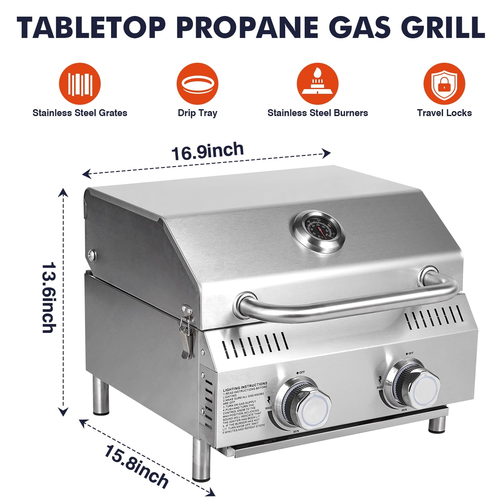 Frizi Portable 2-Burner Tabletop Propane Grill for Patio, 20,000 BTU, Stainless Steel, Camping & Tailgating Gas Grills