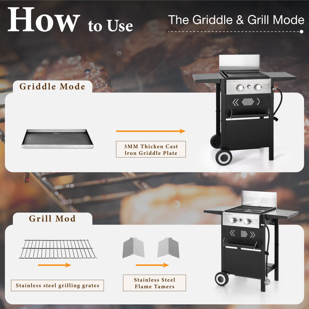 PHI VILLA 2-Burner Propane Grill and Griddle Cooking Station with Side Shelves Black Gas Grills