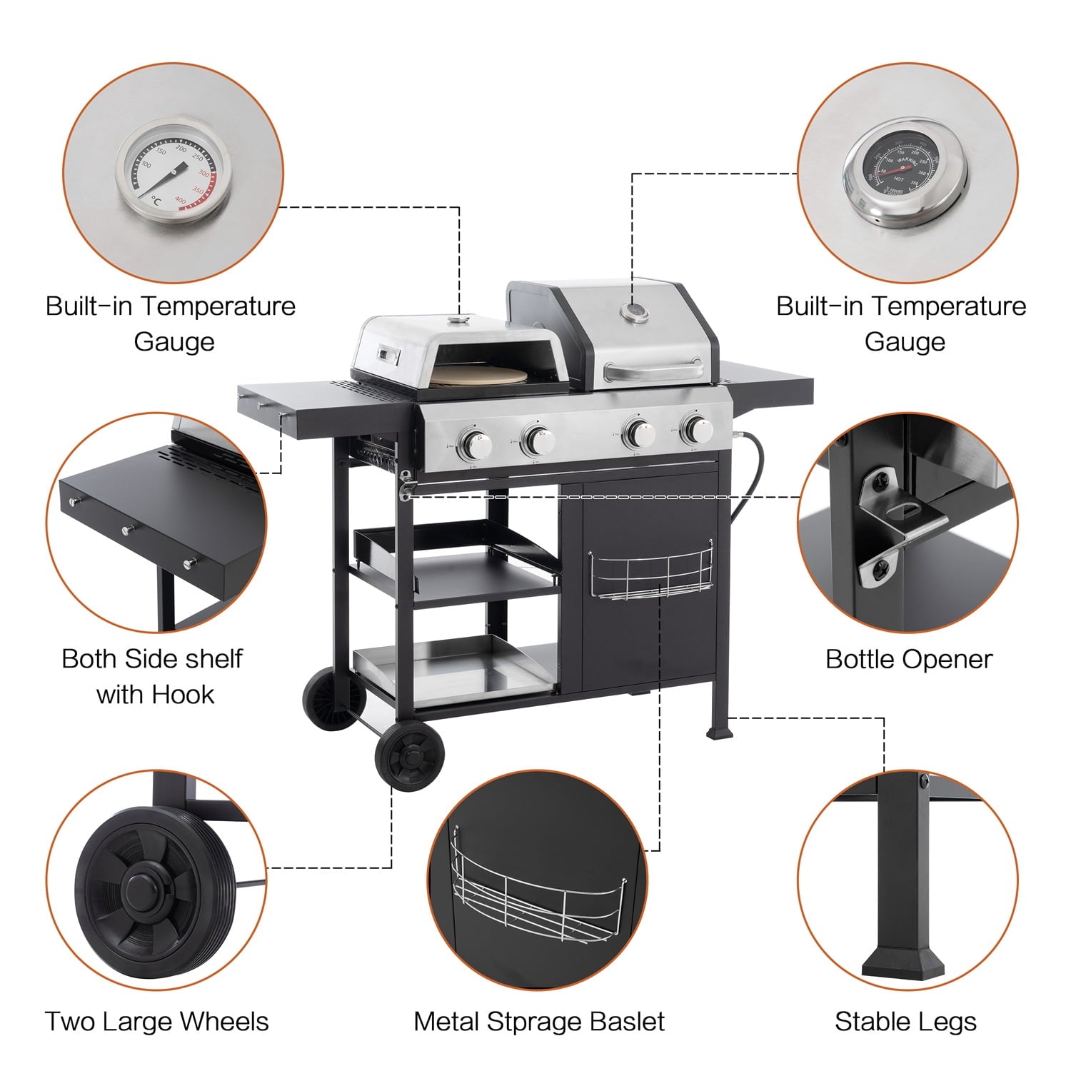 HighSound 4 Burner Propane Gas Grill & Griddle Combo BBQ Grill with Lid & Pizza Oven 49200 BTU, Flat Top Propane Grill Griddle Combo for Outdoor Cooking While Camping & Tailgating, Black Gas Grills