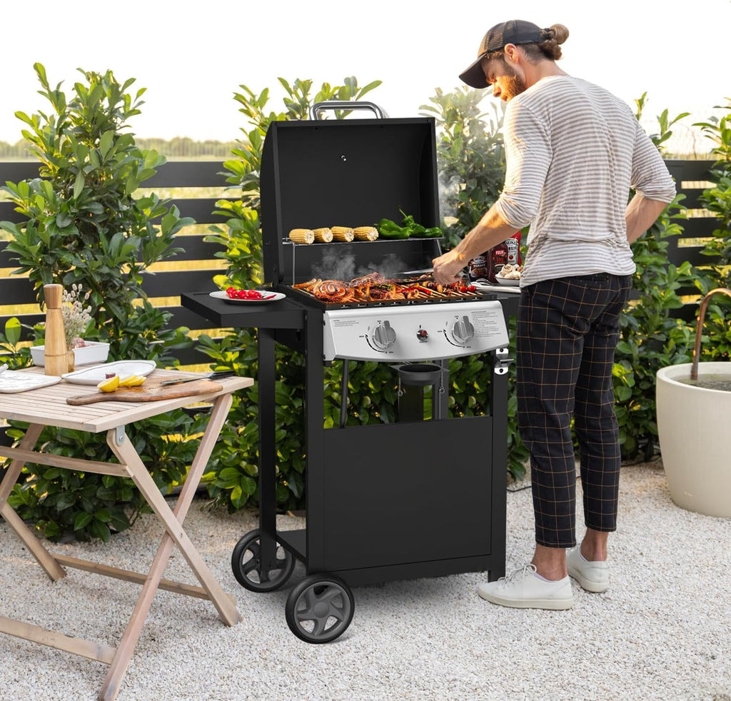 FREE VILLAGE 2-Burner Propane Gas BBQ Grill,20000 BTU Stainless Steel Barbeque Grill with Side Shelves and Wheels,Portable Outdoor Grill for Patio,Backyard,Garden,Camping Cooking Gas Grills