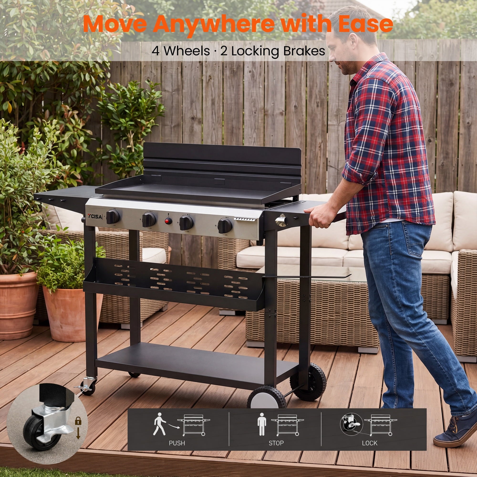 Tcisa 4 Burner Propane Gas Griddle with Standing Cart, Flat Top Grill with Hood for Camping, Tailgating, Backyard Gas Grills