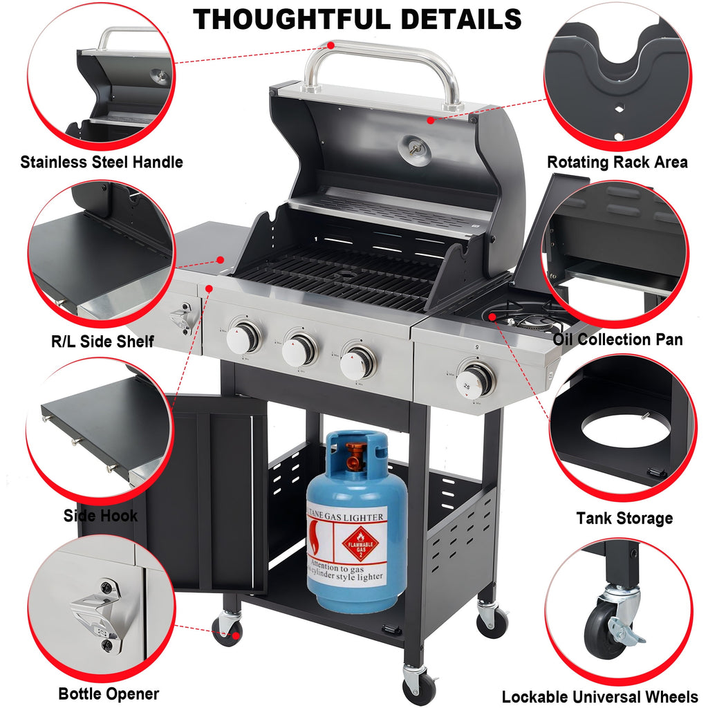 Seizeen Propane Gas Grill, 3 Burners BBQ Grill with Side Burner, Outdoor Camping Grill 430 Stainless Steel, 37150BTU, One-button Ignition System, Thermometer, 4 Wheels Gas Grills
