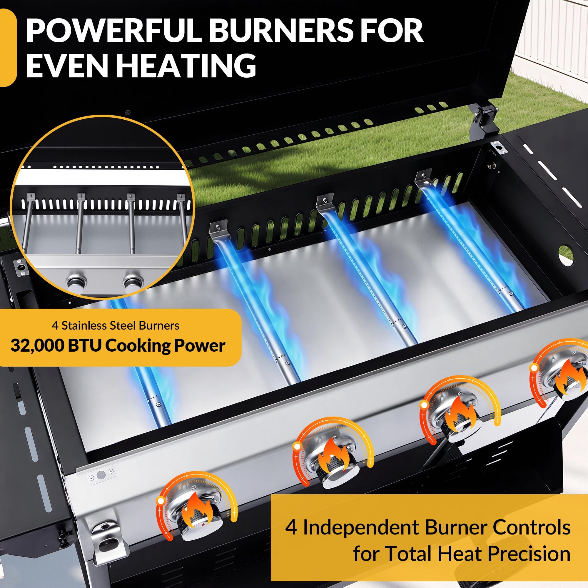 Magic Union 4-Burner Heavy Duty Rolling Flat Top Propane Gas Griddle, Portable Griddle on Cart with Hood & Foldable Side Shelves, 32000 BTU 455 sq.in, for Outdoor Cooking, Camping & Tailgating Gas Grills