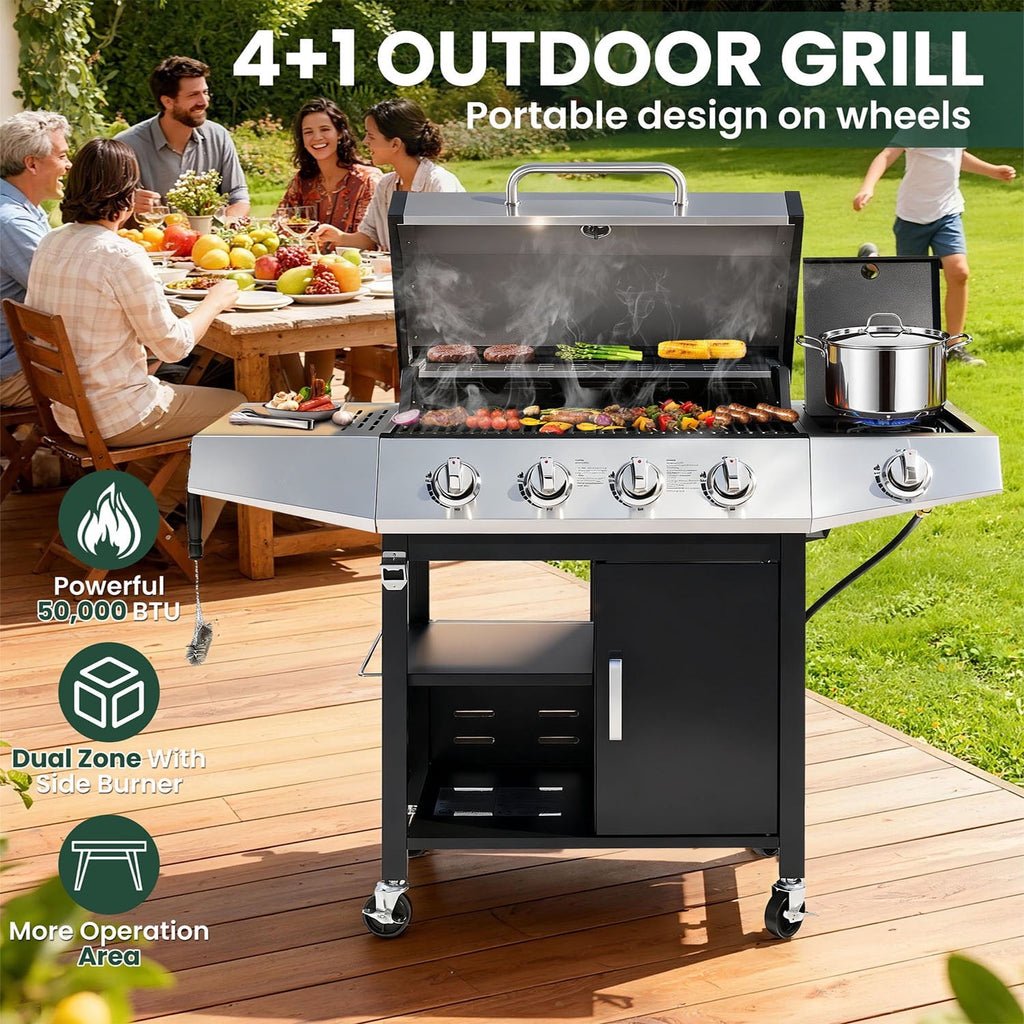 4-Burner BBQ Grill W/Side Burner, 50,000BTU Gas Propane Grill Portable with Storage Cabinet, Heavy-Duty Stainless Steel Outdoor Cooking, with Tank Hook, Towel Rack, Steel Brush Gas Grills