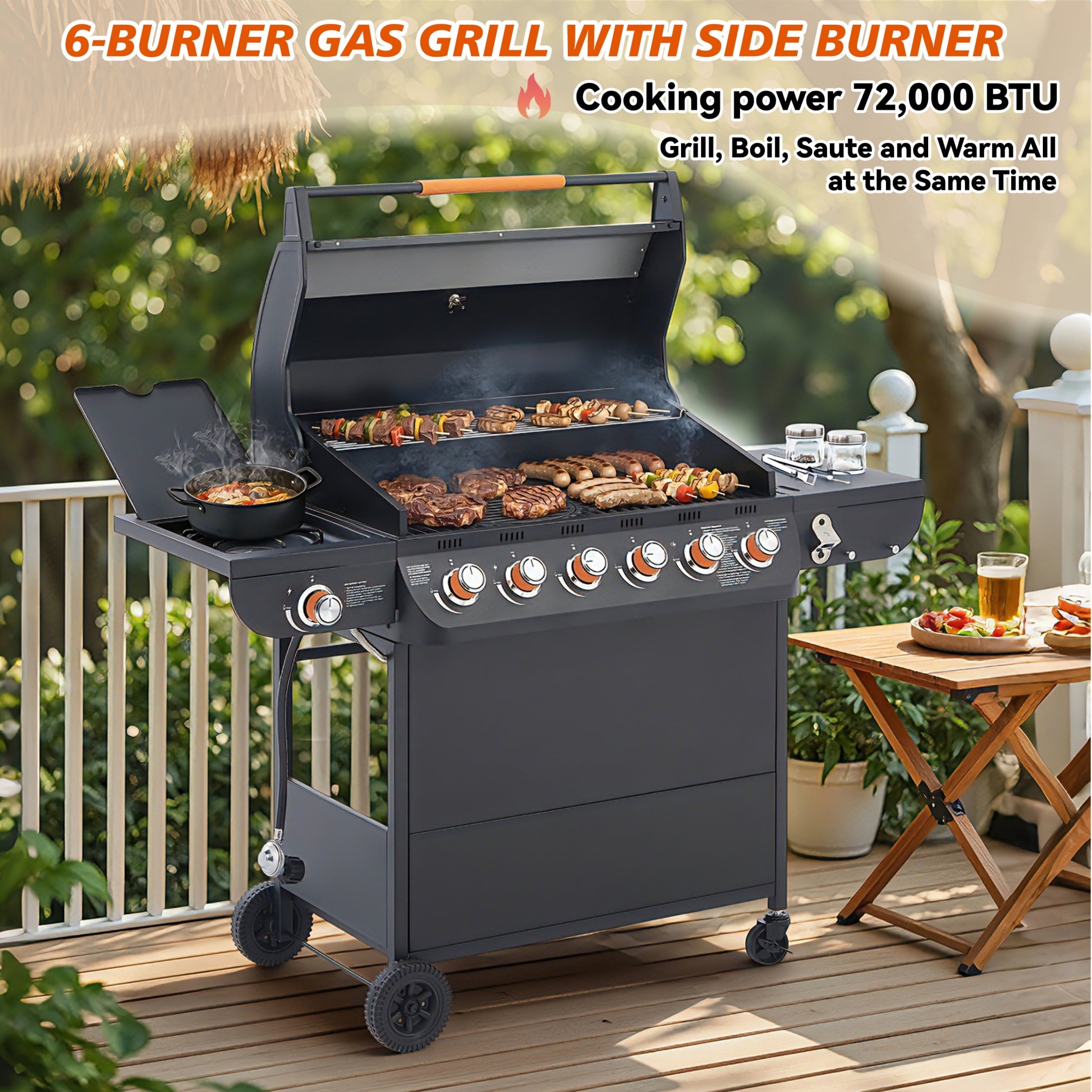 Noble House Professional 6-Burner Propane Gas Grill with Side Burner, Steel BBQ Grill with Cast Metal Grates, Black Noble House